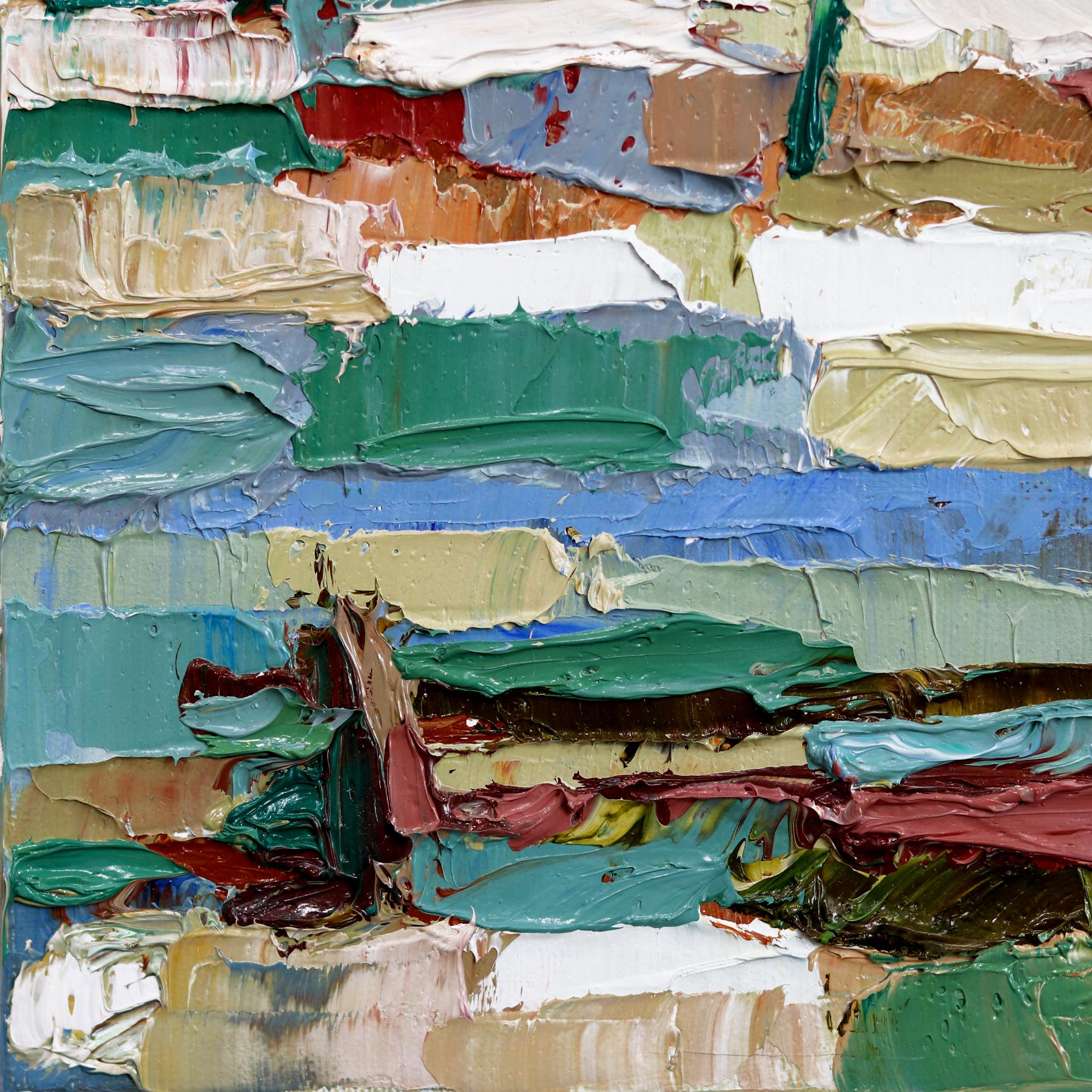 Ferme Vasey - Peinture à l'huile texturée abstraite de paysage rural dans les tons de terre en vente 2
