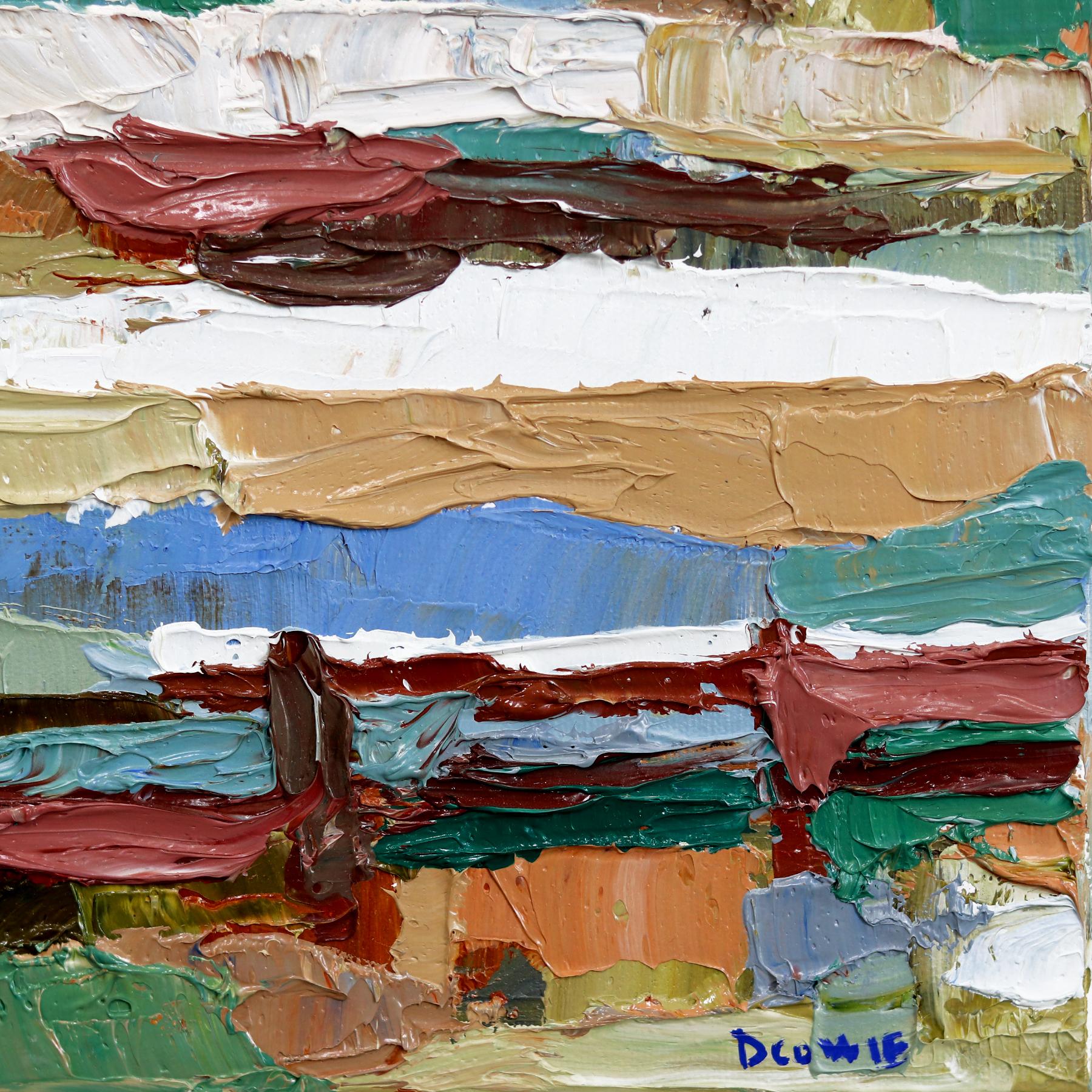 Ferme Vasey - Peinture à l'huile texturée abstraite de paysage rural dans les tons de terre en vente 3