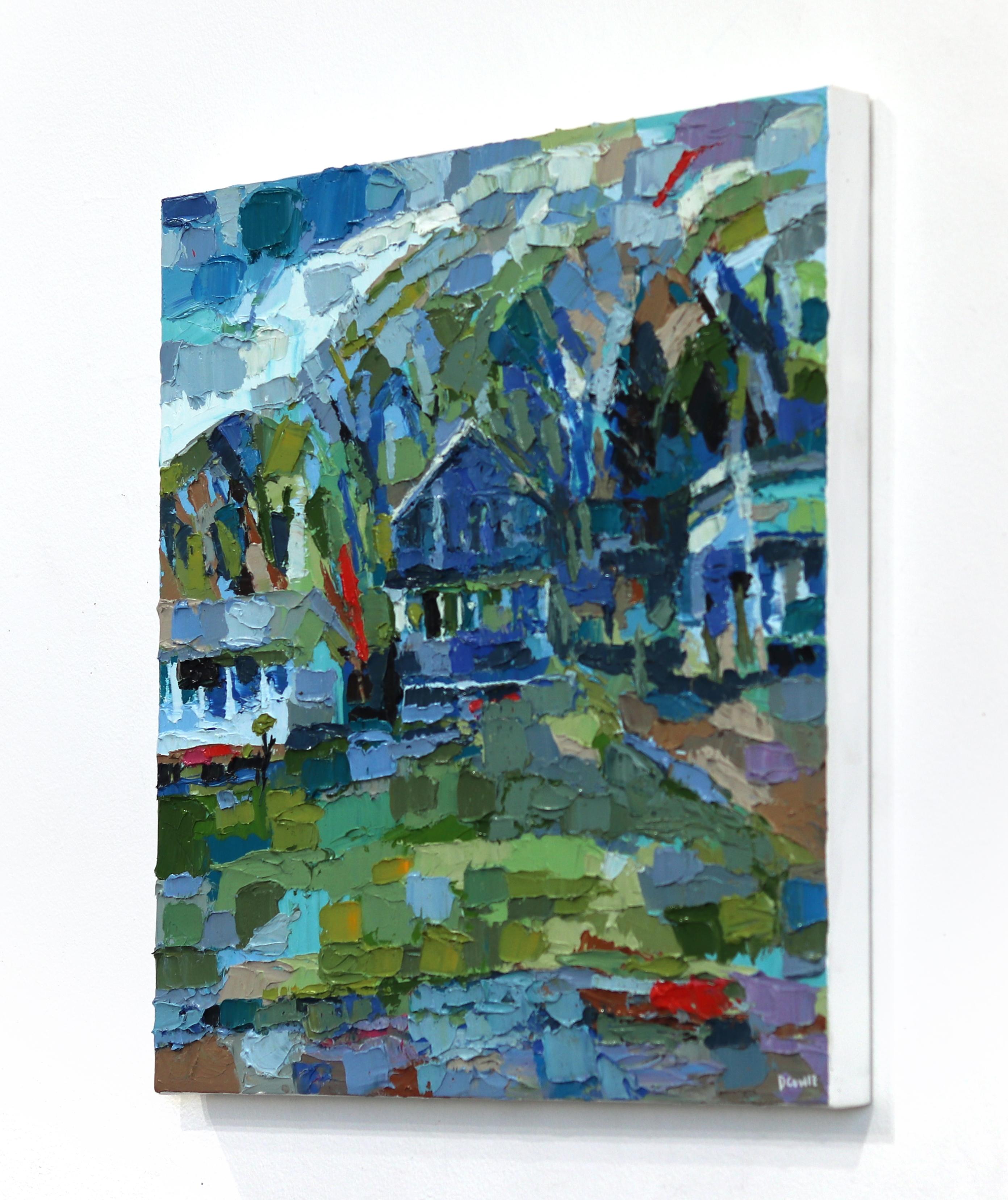 Using an impasto, painterly technique Dana Cowie creates cubist-inspired farm and rural landscapes. Working within controlled color schemes, her artworks appear abstract up close and become more representational as the viewer takes in the larger