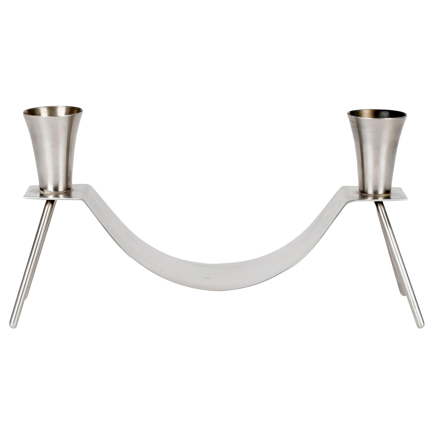 Dana Danish Mid-Century chandelier à deux chandeliers en acier inoxydable brossé