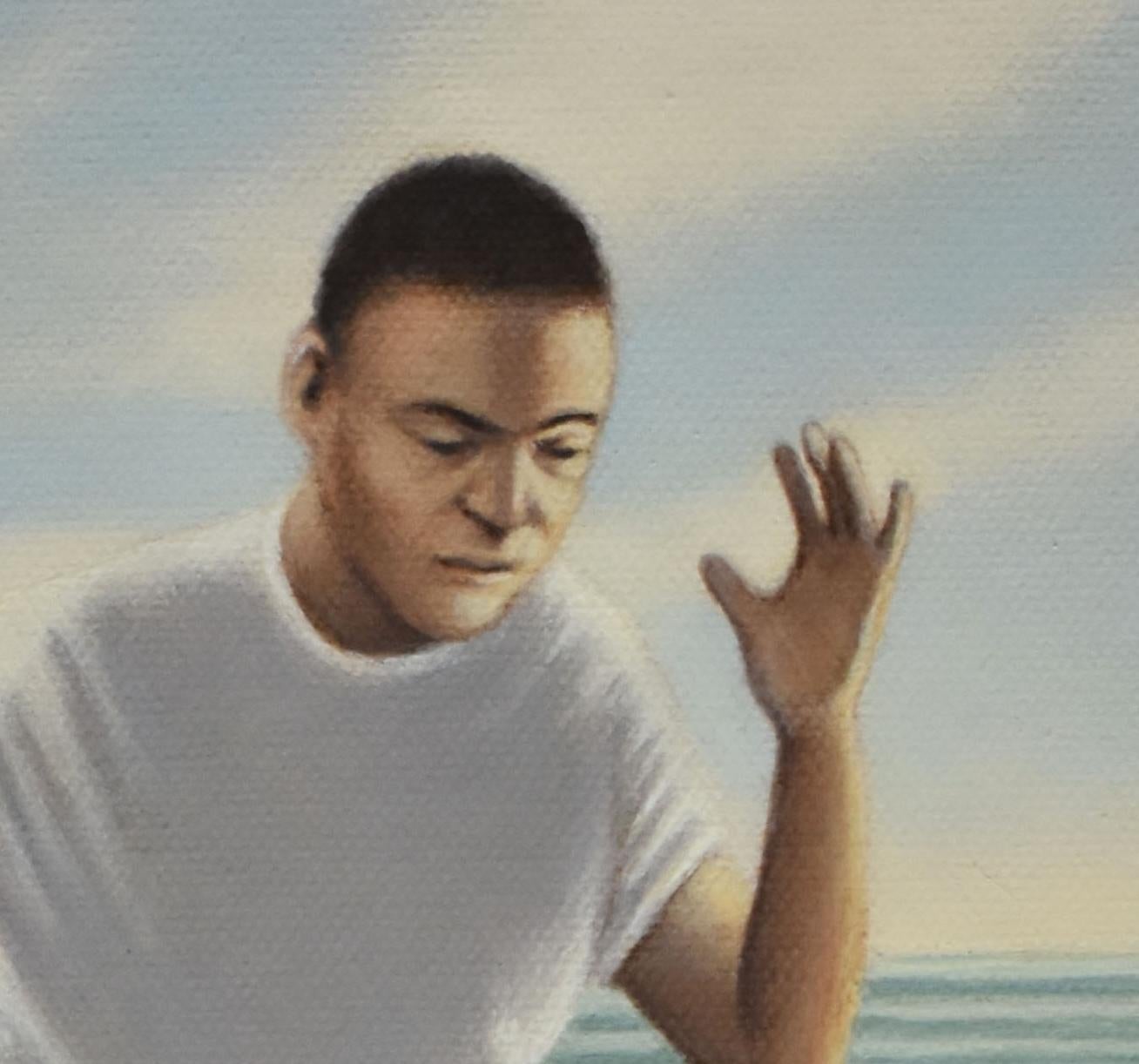 Detour, A 12 x 12 Zoll Malerei figurative surreale Mann über Wasser mit Rettungsboje – Painting von Dana DeKalb