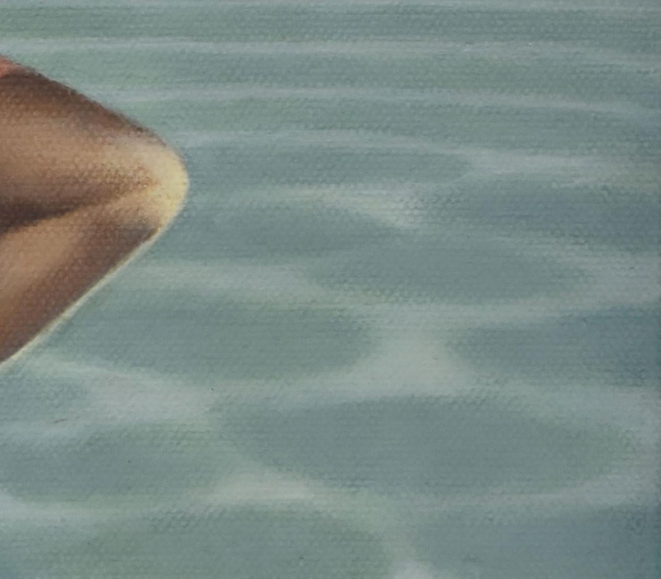 Detour, A 12 x 12 Zoll Malerei figurative surreale Mann über Wasser mit Rettungsboje (Zeitgenössisch), Painting, von Dana DeKalb