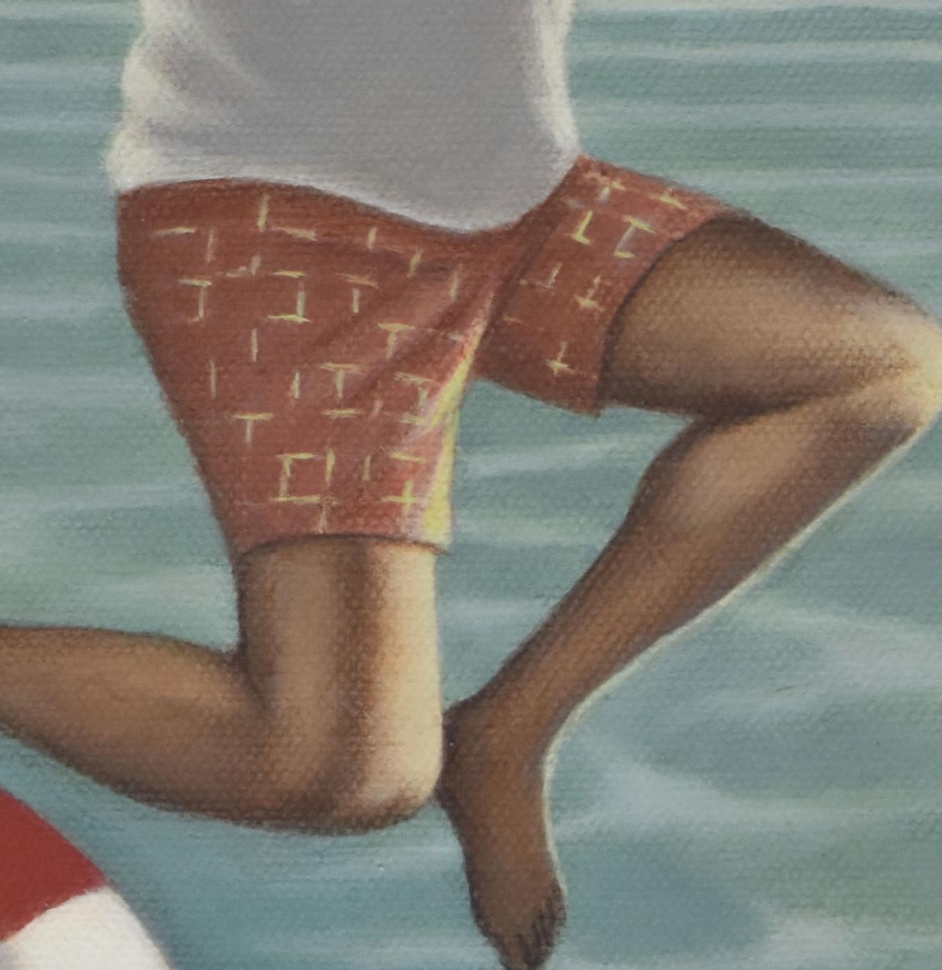 Detour, A 12 x 12 Zoll Malerei figurative surreale Mann über Wasser mit Rettungsboje (Grau), Landscape Painting, von Dana DeKalb