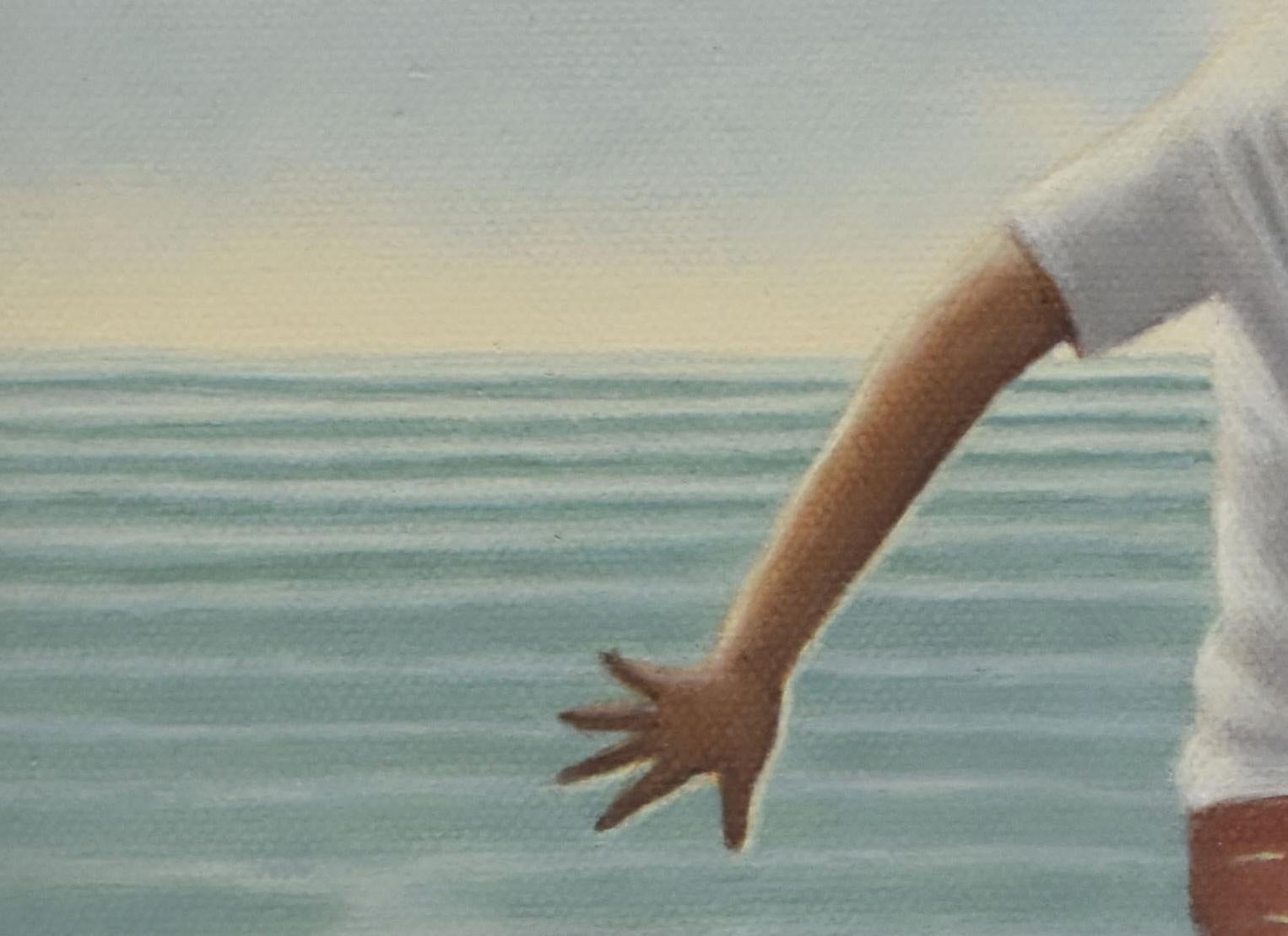 Detour, A 12 x 12 Zoll Malerei figurative surreale Mann über Wasser mit Rettungsboje im Angebot 1
