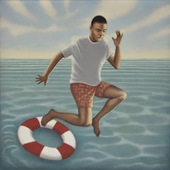Detour, A 12 x 12 Inch Painting Figurative Surreal Man Over Water with Life Buoy