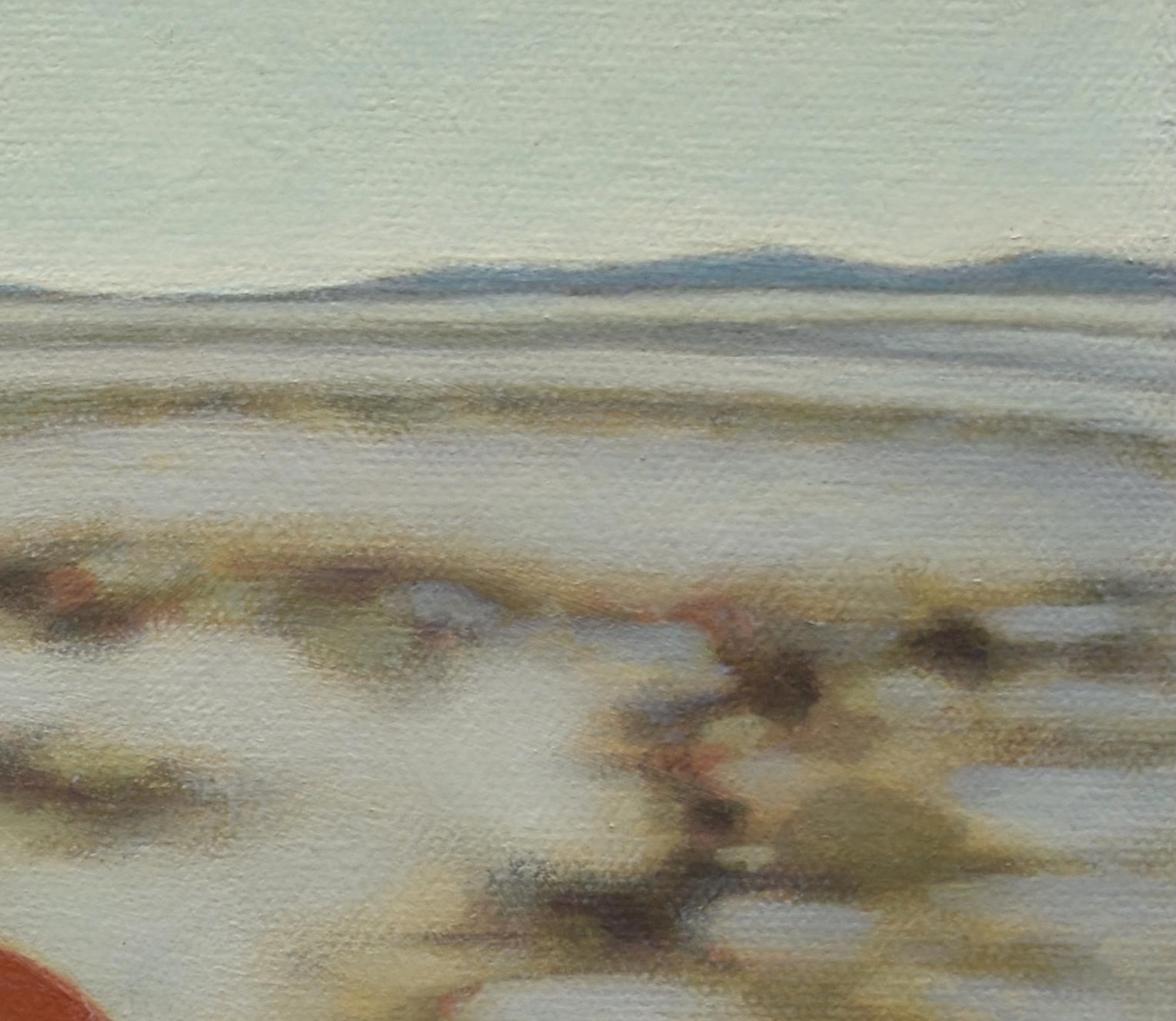 Evakuierung, ein 12 x 12 Zoll großes Gemälde Mädchen in sportlicher Haltung in Wüstenlandschaft im Angebot 1