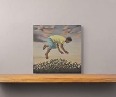 Flight Path, Surreal Figurative Painting of a Floating Child, 12 x 12 in.