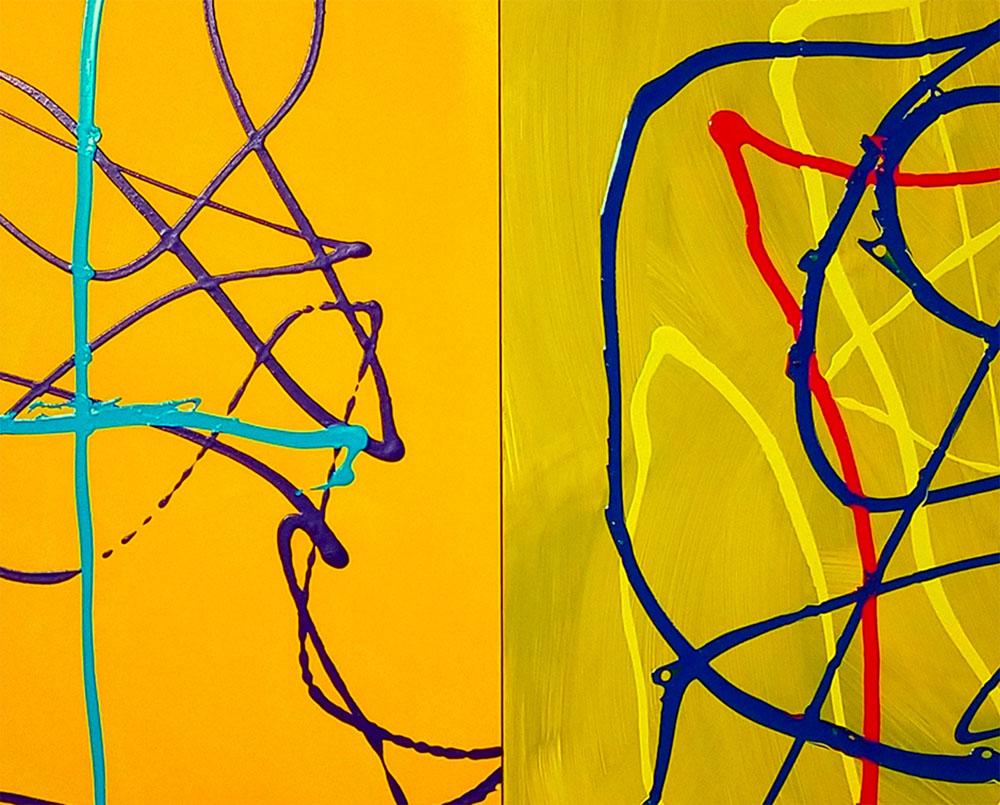 Same Time, Same Place (Abstract painting) - Yellow Abstract Painting by Dana Gordon