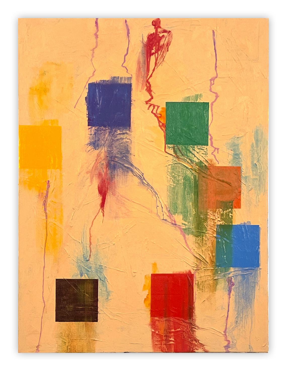 Representing the beautifully fluid, atmospheric branch of Dana Gordon's celebrated multi-decade practice, this single-canvas composition balances ethereal lyricism with geometric structure. Against a luminous, glowing field of warm apricot and cream