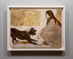 "Drop-Ins", Pintura al Óleo Original de Perro, Niña y Araña por Dana Hawk