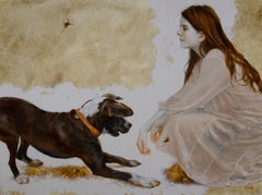 « Drop-Ins », peinture à l'huile originale de Dana Hawk représentant un chien, une fille et un araignée