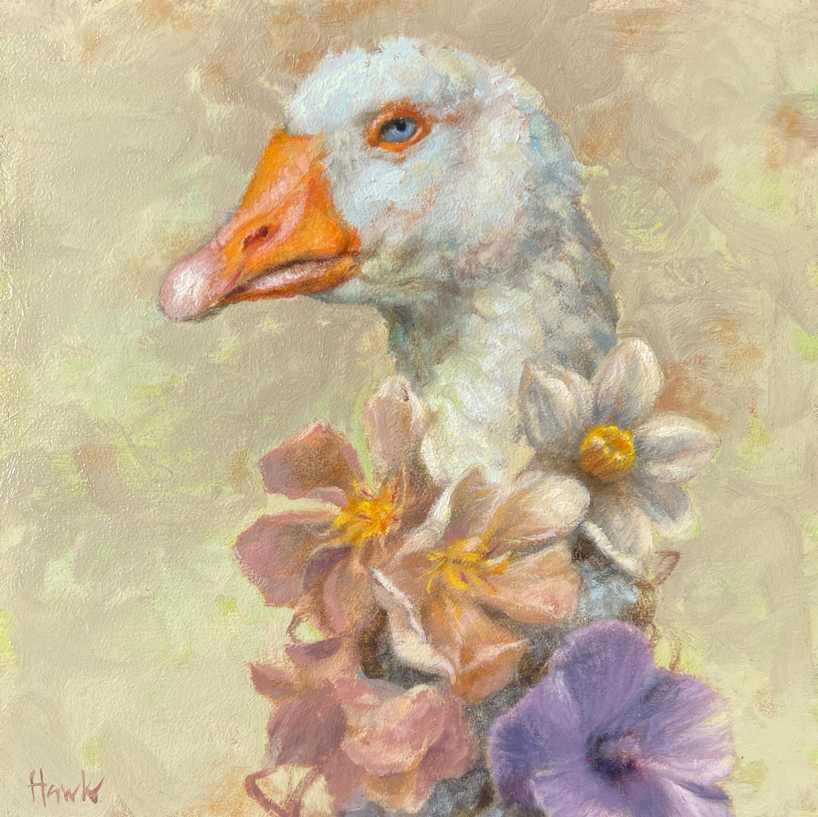 Dana Hawk (NY, US) "Garnished Goose" est une peinture à l'huile originale, réalisée à la main, qui représente une oie ornée de fleurs fraîches. L'œuvre n'est pas encadrée mais prête à être accrochée. 

Déclaration de l'artiste

J'ai grandi dans une