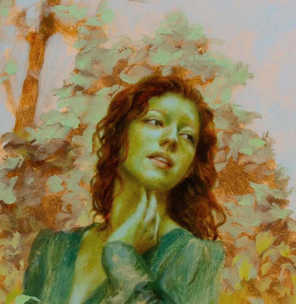 „Mädchen in Grün I“ von Dana Hawk, Original-Ölgemälde, Figur in Landschaft im Angebot 1