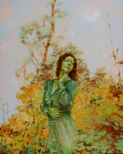 « Girl in Green I » de Dana Hawk, peinture à l'huile originale, figure dans un paysage