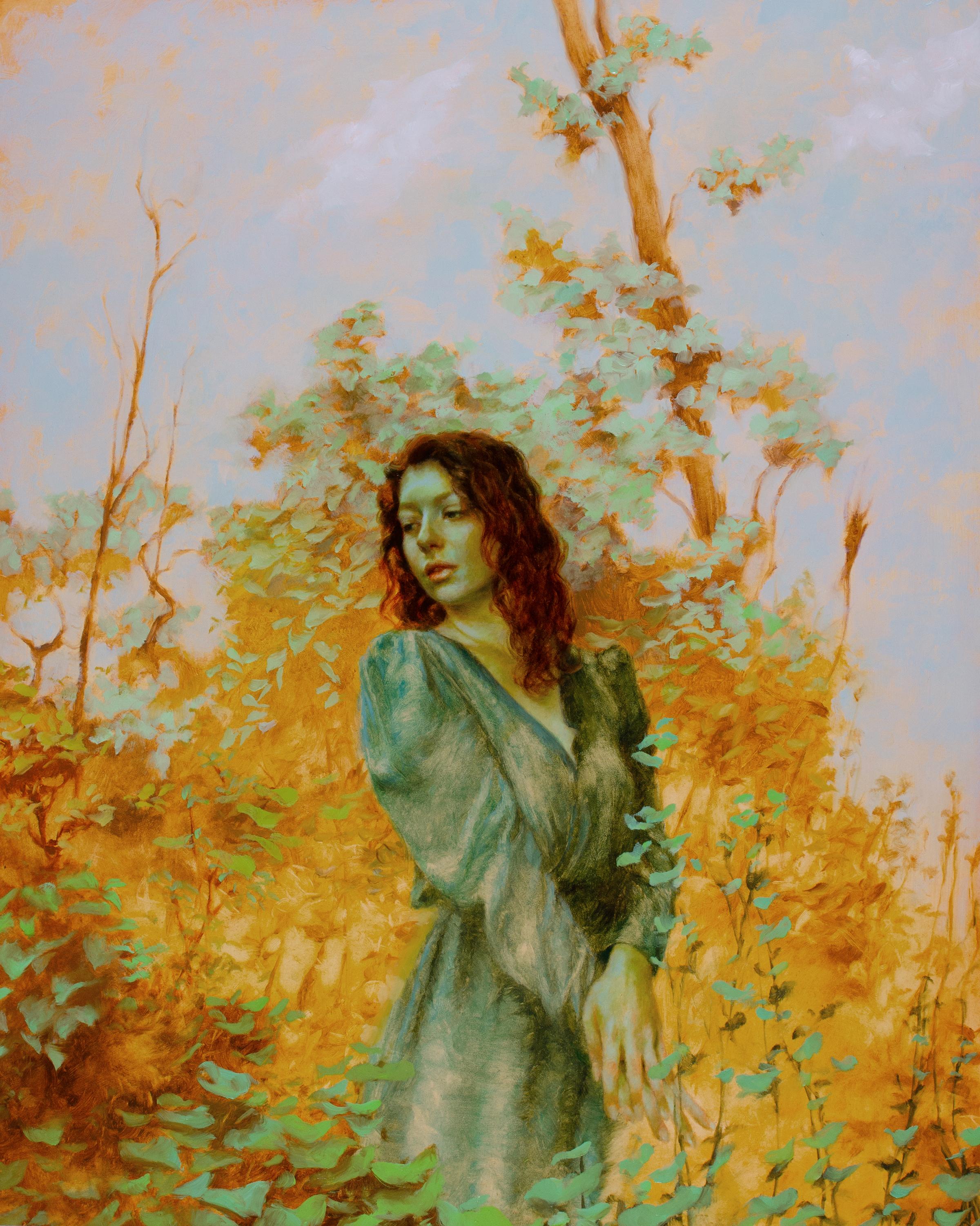 Dana Hawk (NY, US based) "Girl in Green II" is an original, handmade oil painting that depicts a female model in a landscape lush with foliage. The piece is framed and ready to hang. 

Artist Statement

I grew up in a small town west of St. Louis,
