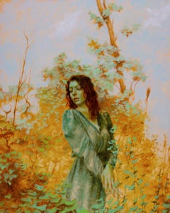 « Girl in Green II » de Dana Hawk, peinture à l'huile originale, figure dans un paysage