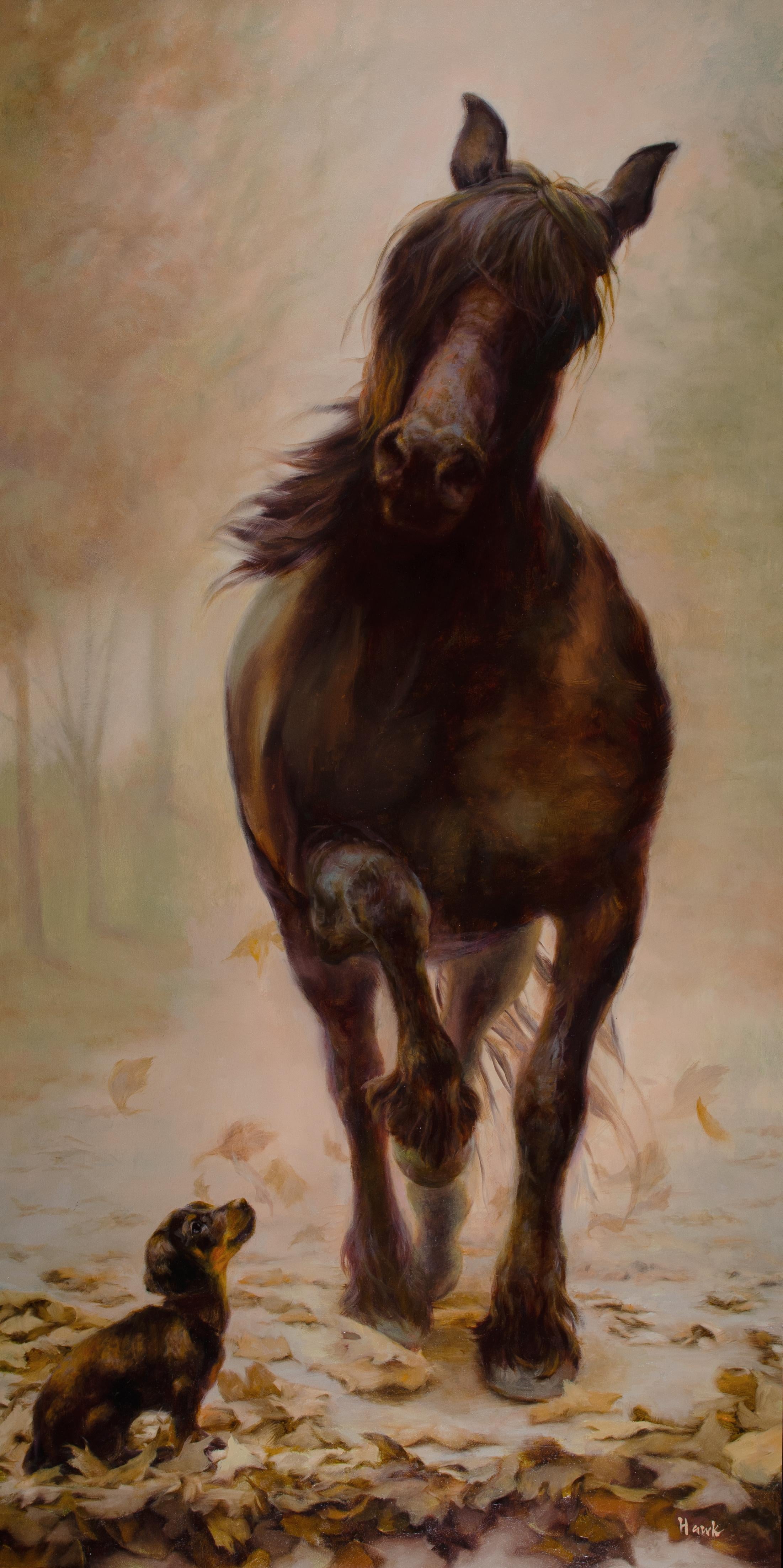 Animal Painting Dana Hawk - "Puppy & the Beast" - Peinture animalière originale, huile sur panneau