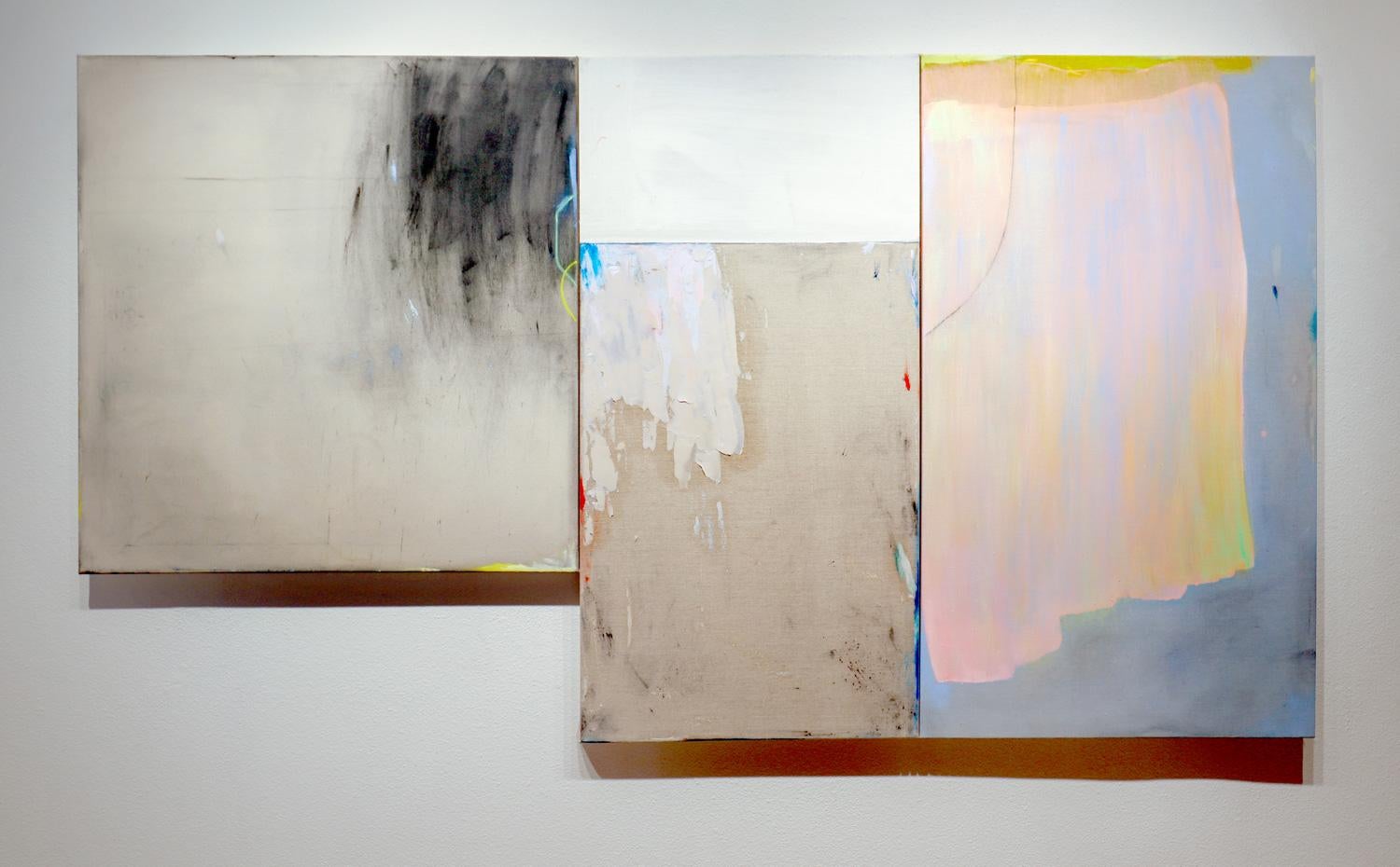 Dana James Abstract Painting - A Soft Detonation (Expressionist, Abstract, muted, triptych, painting, on linen)
