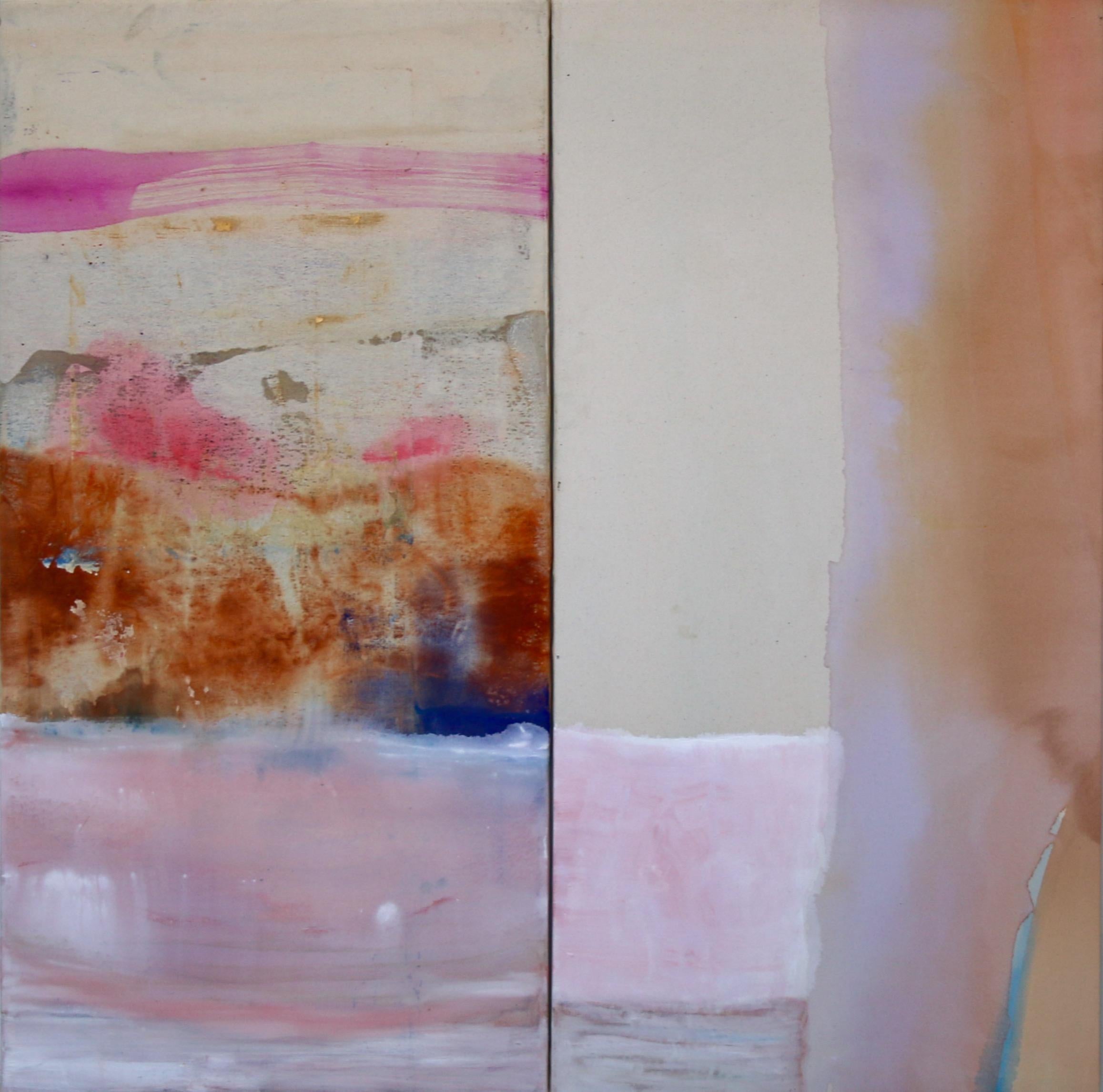 Dana James Abstract Painting - Bringing the Sun to its Knees, Large Square Diptych in Pink, Beige, Purple