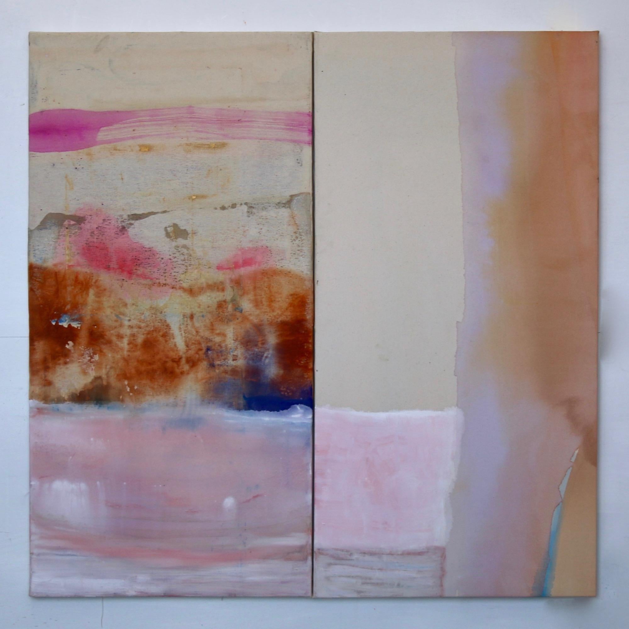 Bringing the Sun to Its Knees  (pink abstract diptych)  - Painting by Dana James