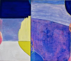 Magic Mountain Two, Diptych Painting in Dark Cobalt Blue, Pink, Yellow, Salmon