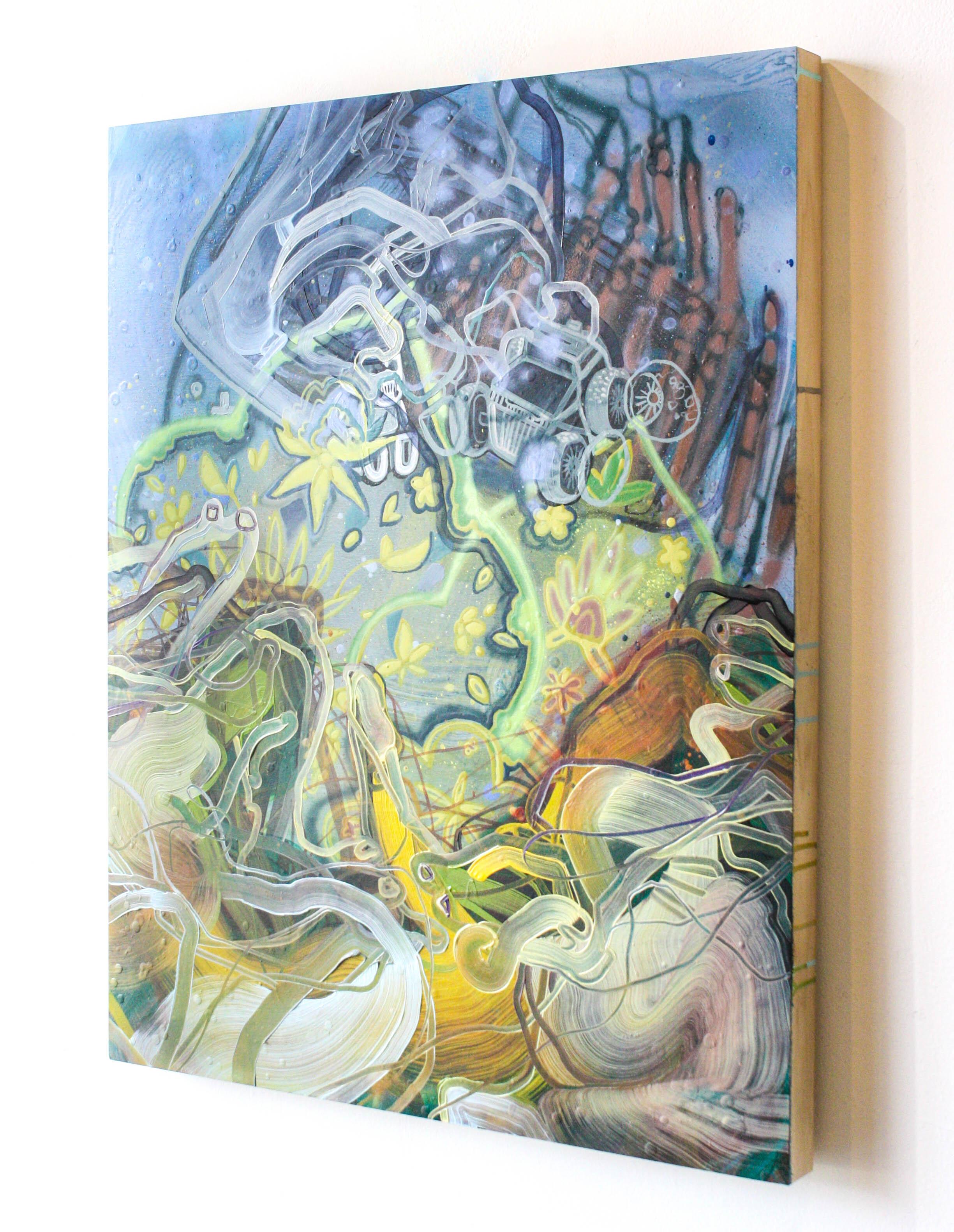 Couch Ledge- Abstract, Acrylic, Oil, Panel, Spray Paint, Blue, Green, Yellow - Painting by Dana Oldfather