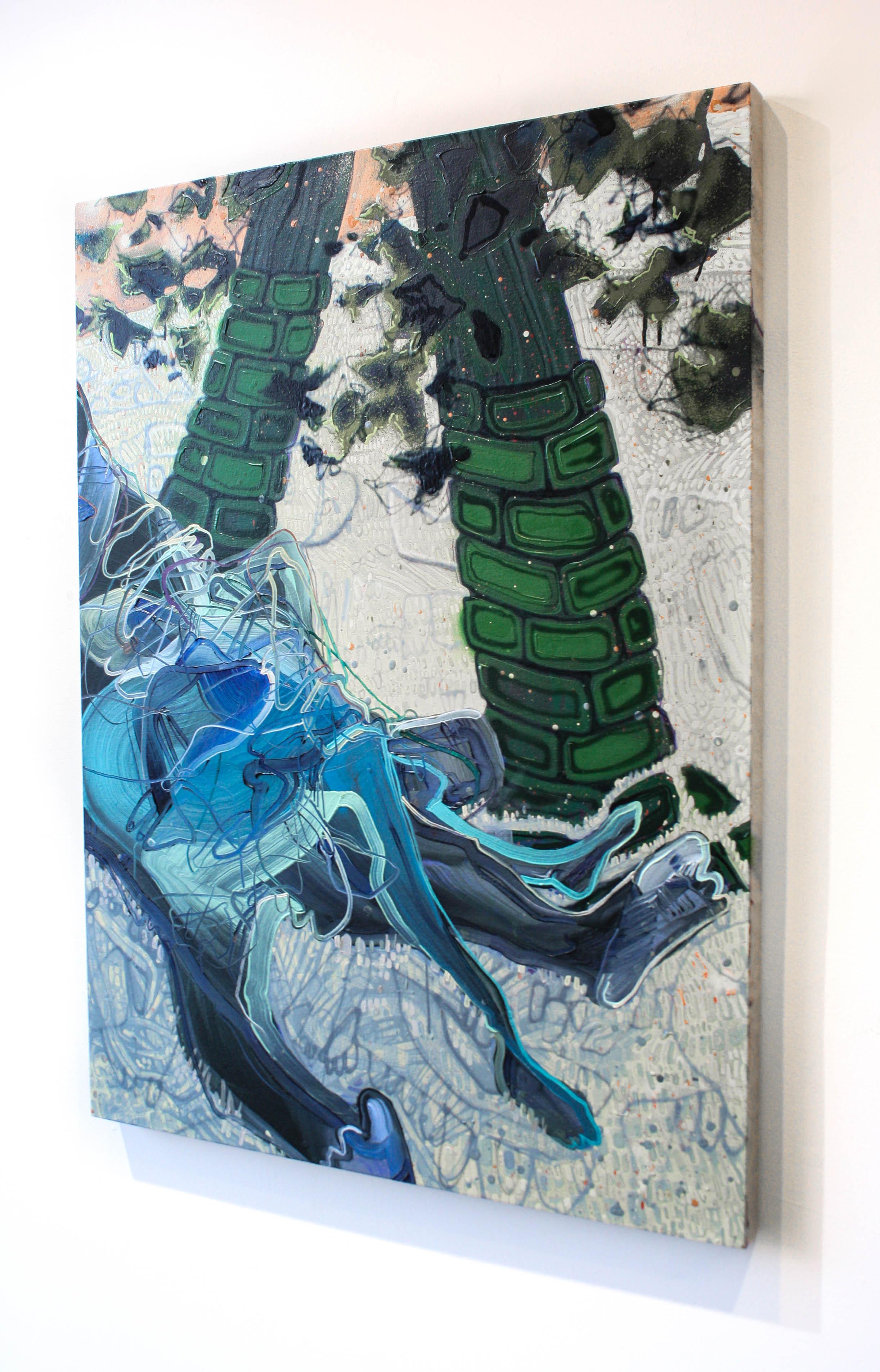 Near Waking- Abstract, Figurative, Acrylic, Oil, Linen, Spray Paint, Blue, Green - Painting by Dana Oldfather