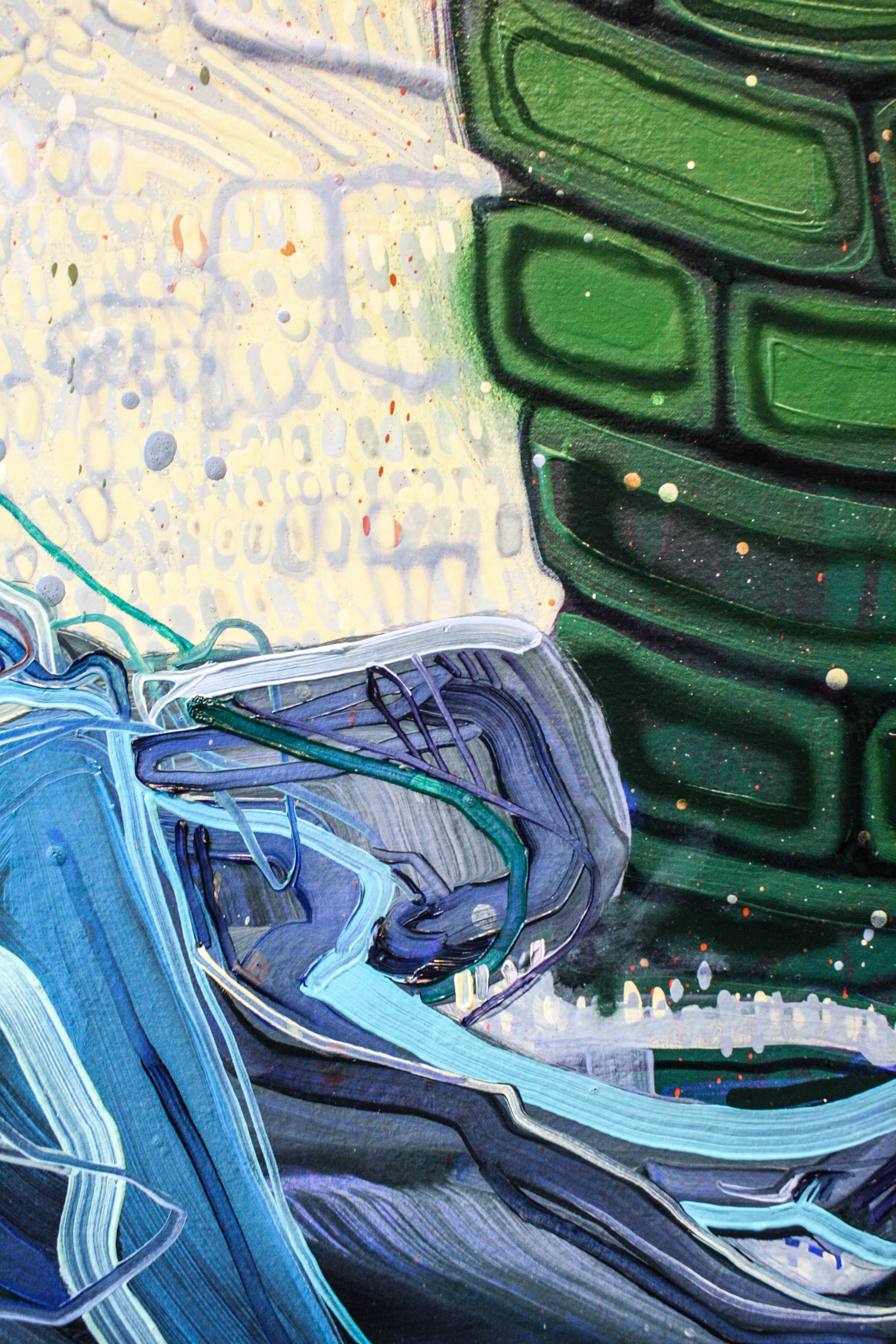 Near Waking- Abstract, Figurative, Acrylic, Oil, Linen, Spray Paint, Blue, Green For Sale 1