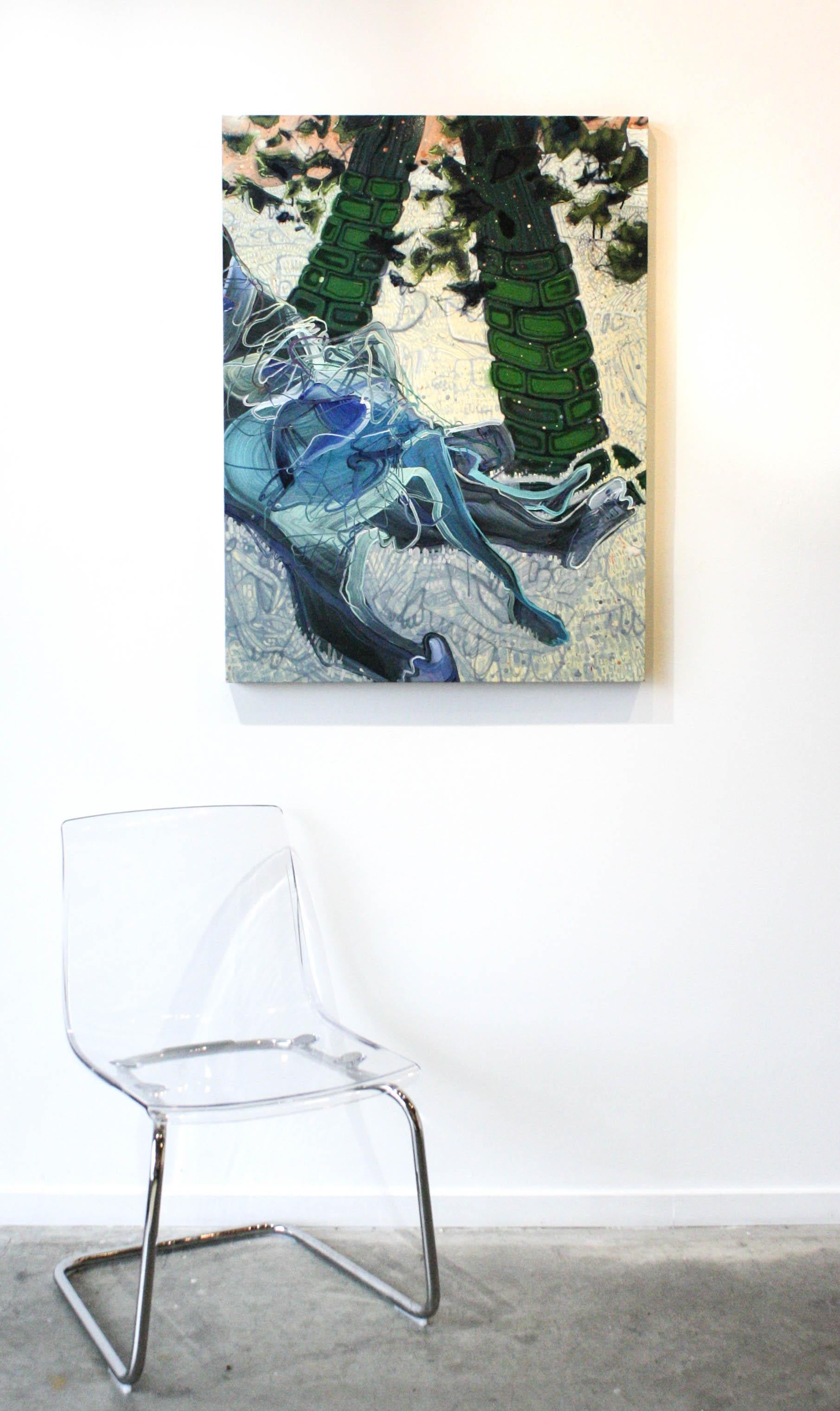 Near Waking- Abstract, Figurative, Acrylic, Oil, Linen, Spray Paint, Blue, Green For Sale 2