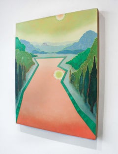 Warm Lake- Landscape, Oil, Painting, Panel, Water, Blue, Green, Orange, Trees