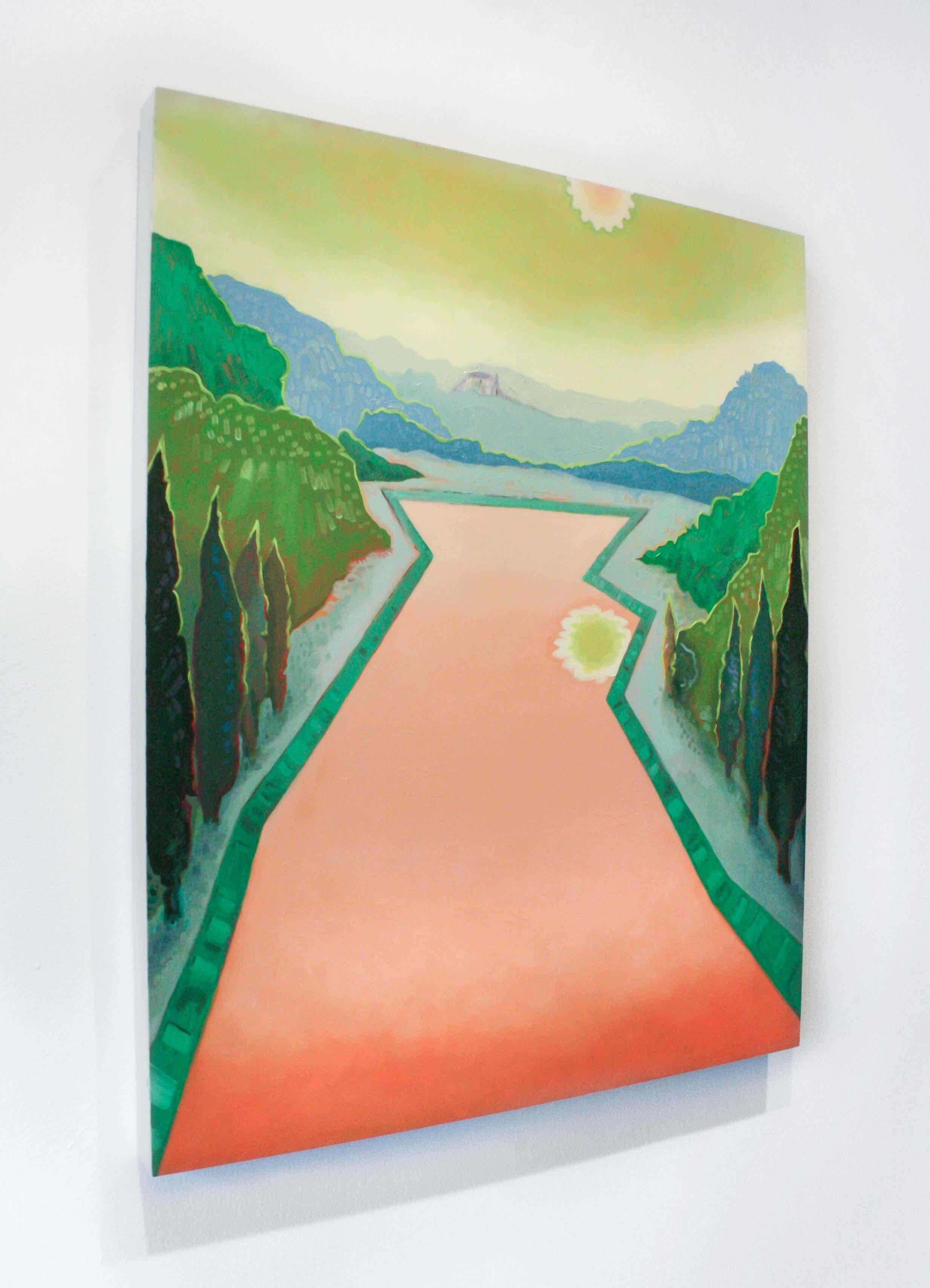Warm Lake- Landscape, Oil, Painting, Panel, Water, Blue, Green, Orange, Trees For Sale 1