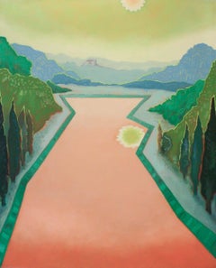 Warm Lake- Landscape, Oil, Painting, Panel, Water, Blue, Green, Orange, Trees