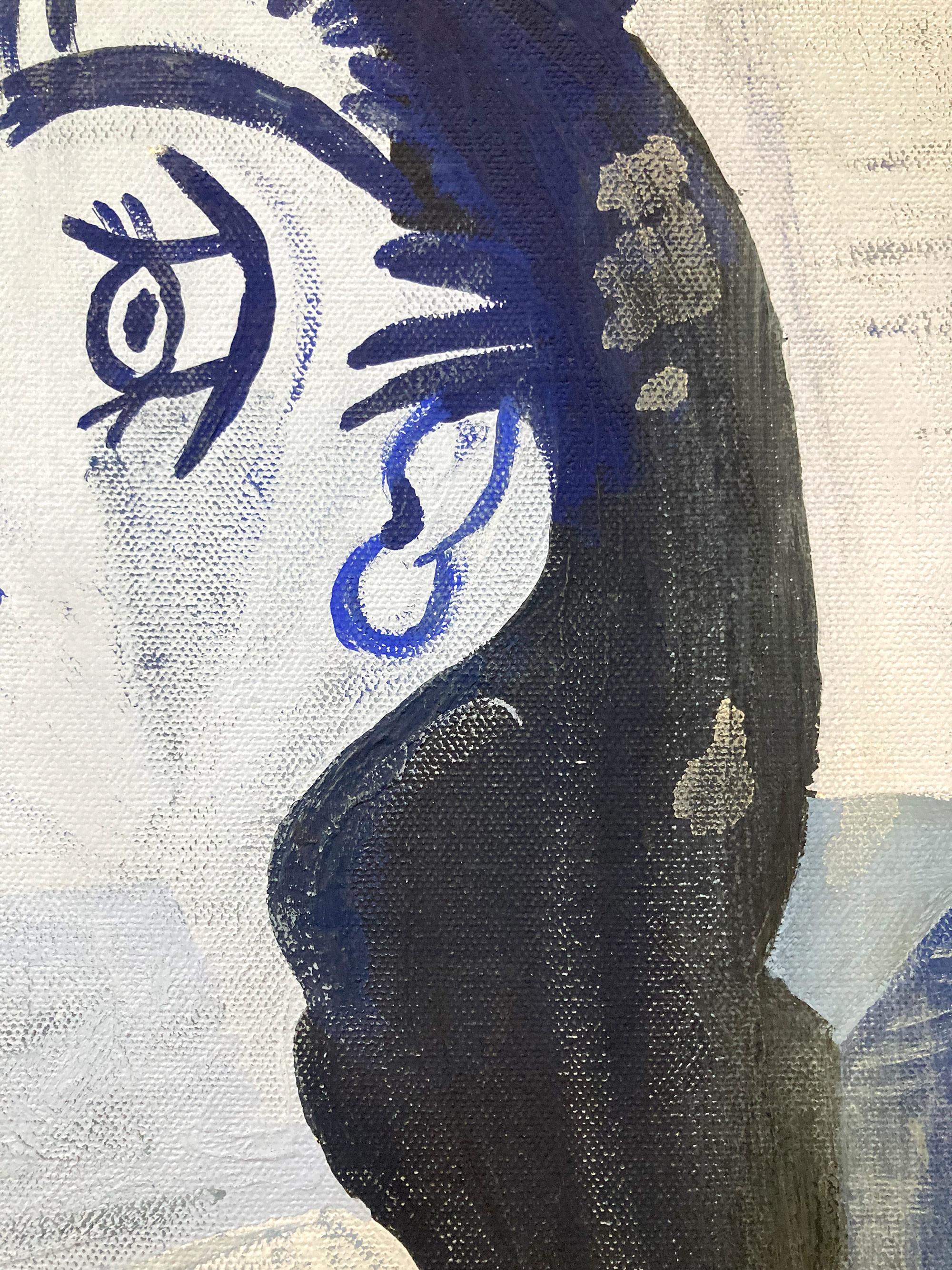 Ein starkes, aber einfaches modernistisches Gemälde auf Leinwand, das eine Frau mit blauem Hut darstellt, die an Pablo Picasso erinnert. Wir fühlen uns an den Meister der kubistischen Kunst, Pablo Picasso, in seiner Blauen Periode erinnert. Dieses