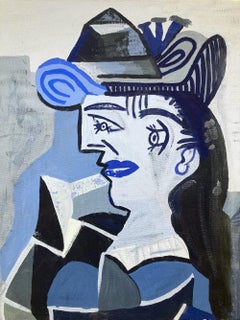 "Woman With A Blue Hat" In the Style of Picasso Blue Period Portrait Painting