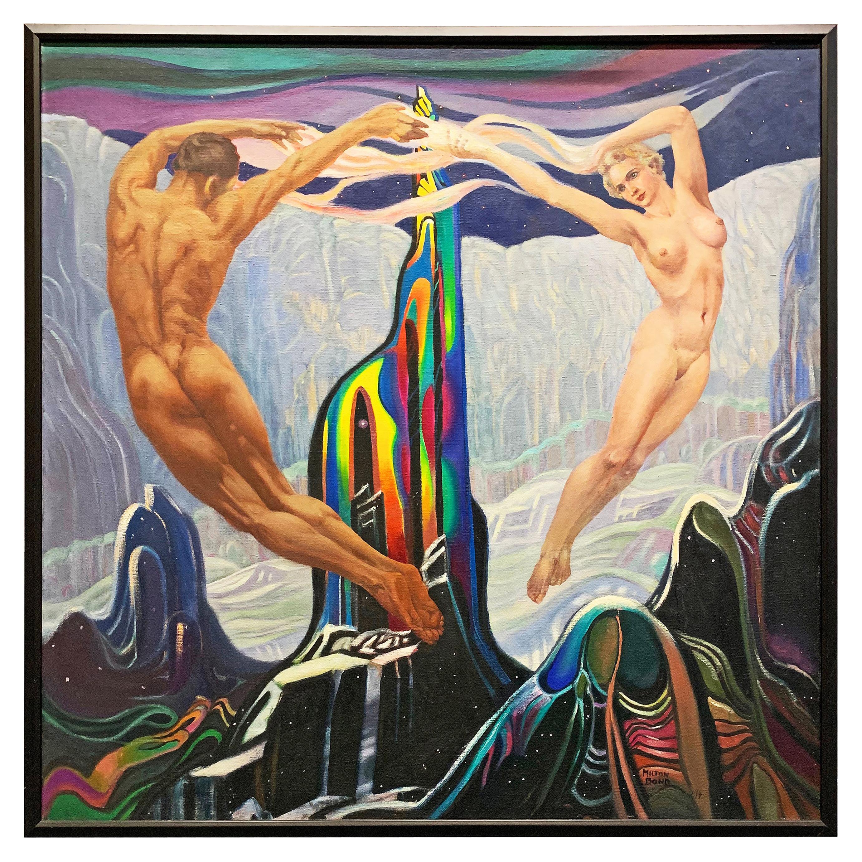"Dance Around Crystal Mountain," Remarkable Art Deco Painting with Nudes, 1945