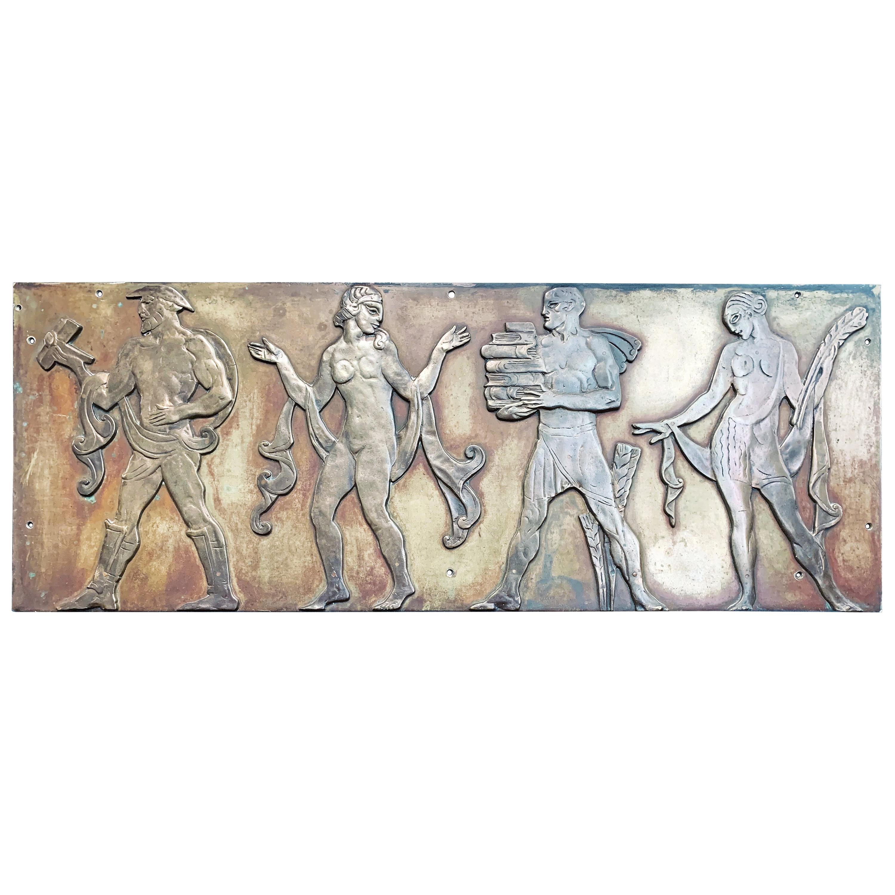 "Dance, Literature, Sculpture, Art, " Art Deco Frieze W/ Nudes in Silvered Bronze