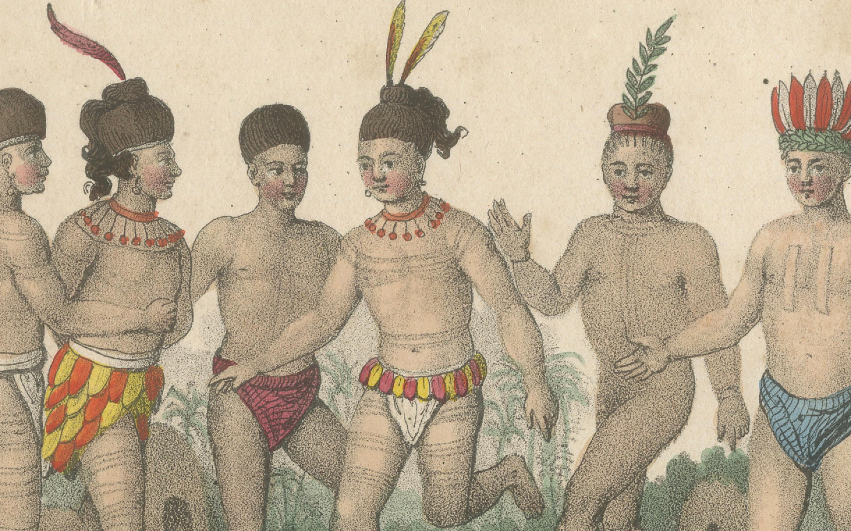 Dance of California Indians, Tower of Tlaxcallan – Hand-Colored Engraving, c1800