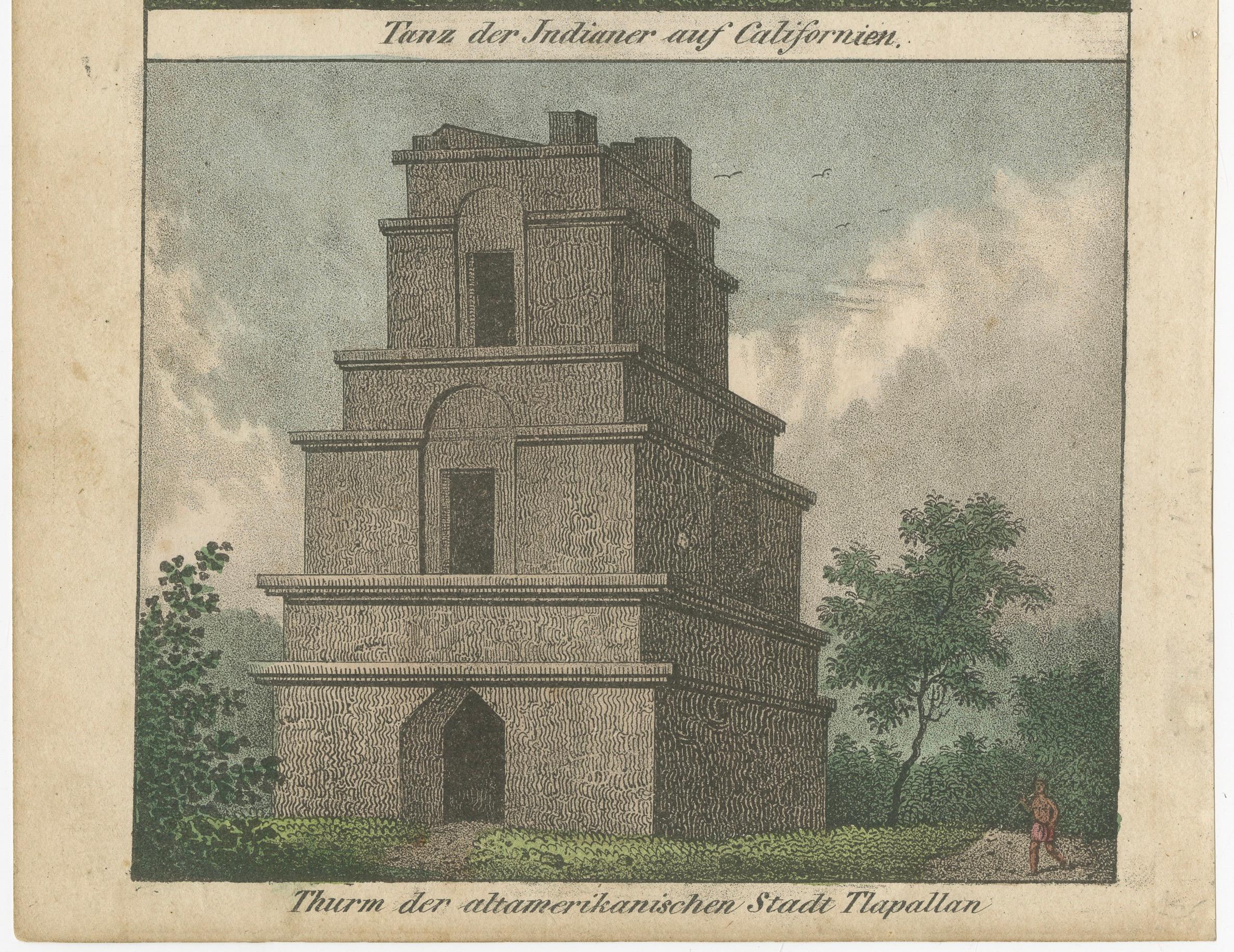 Dance of California Indians, Tower of Tlaxcallan – Hand-Colored Engraving, c1800