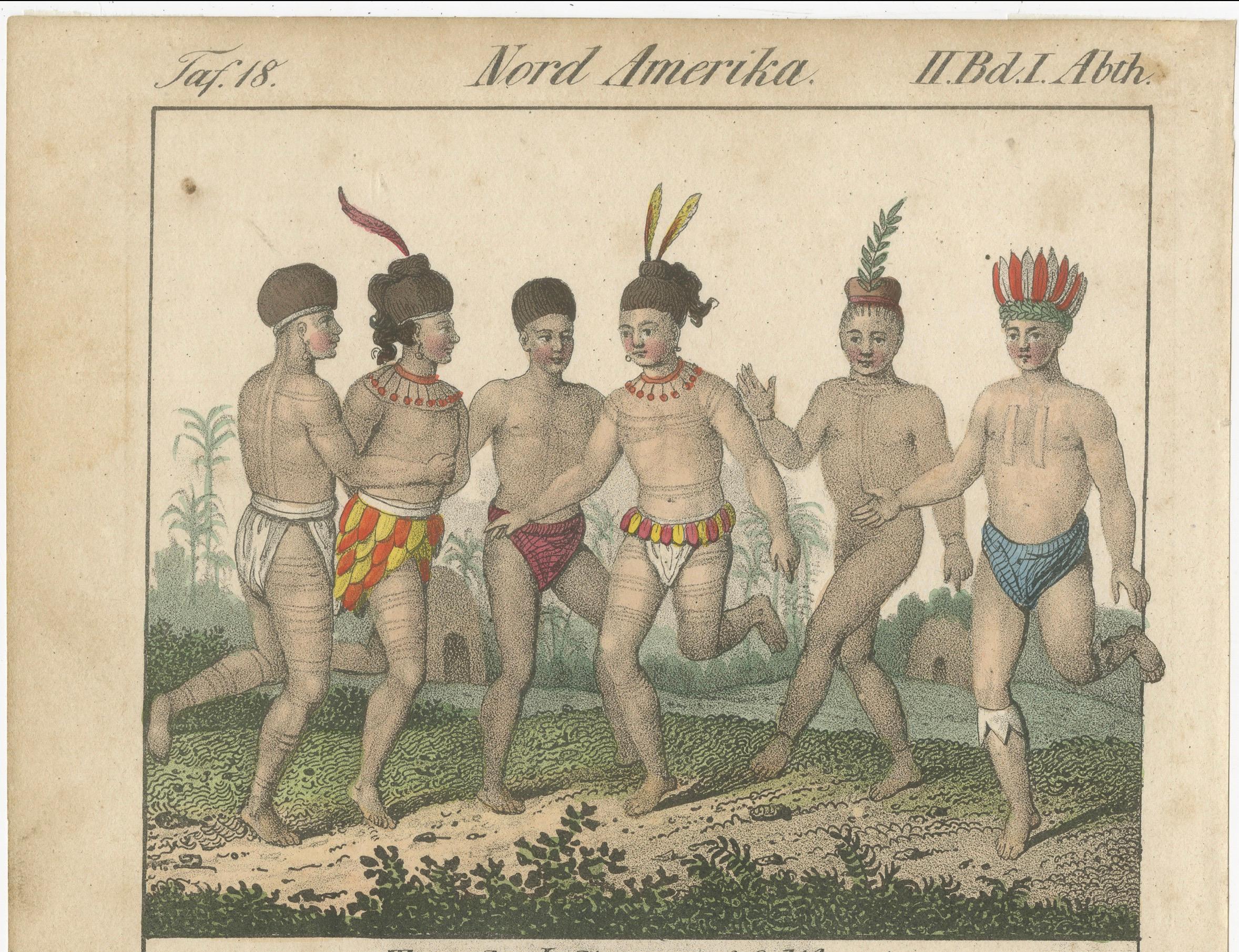 Dance of California Indians, Tower of Tlaxcallan – Hand-Colored Engraving, c1800