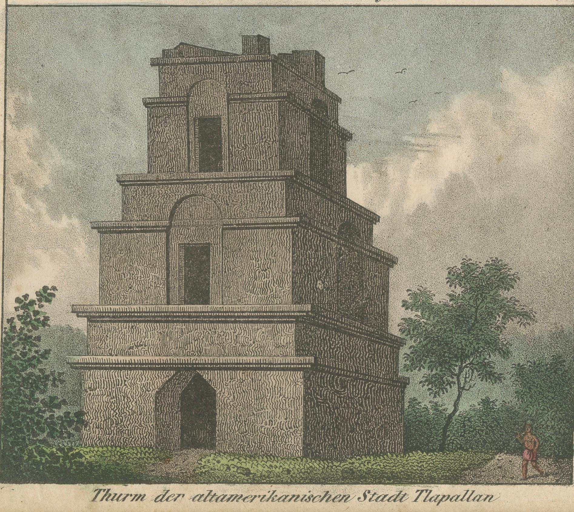 Dance of California Indians, Tower of Tlaxcallan – Hand-Colored Engraving, c1800