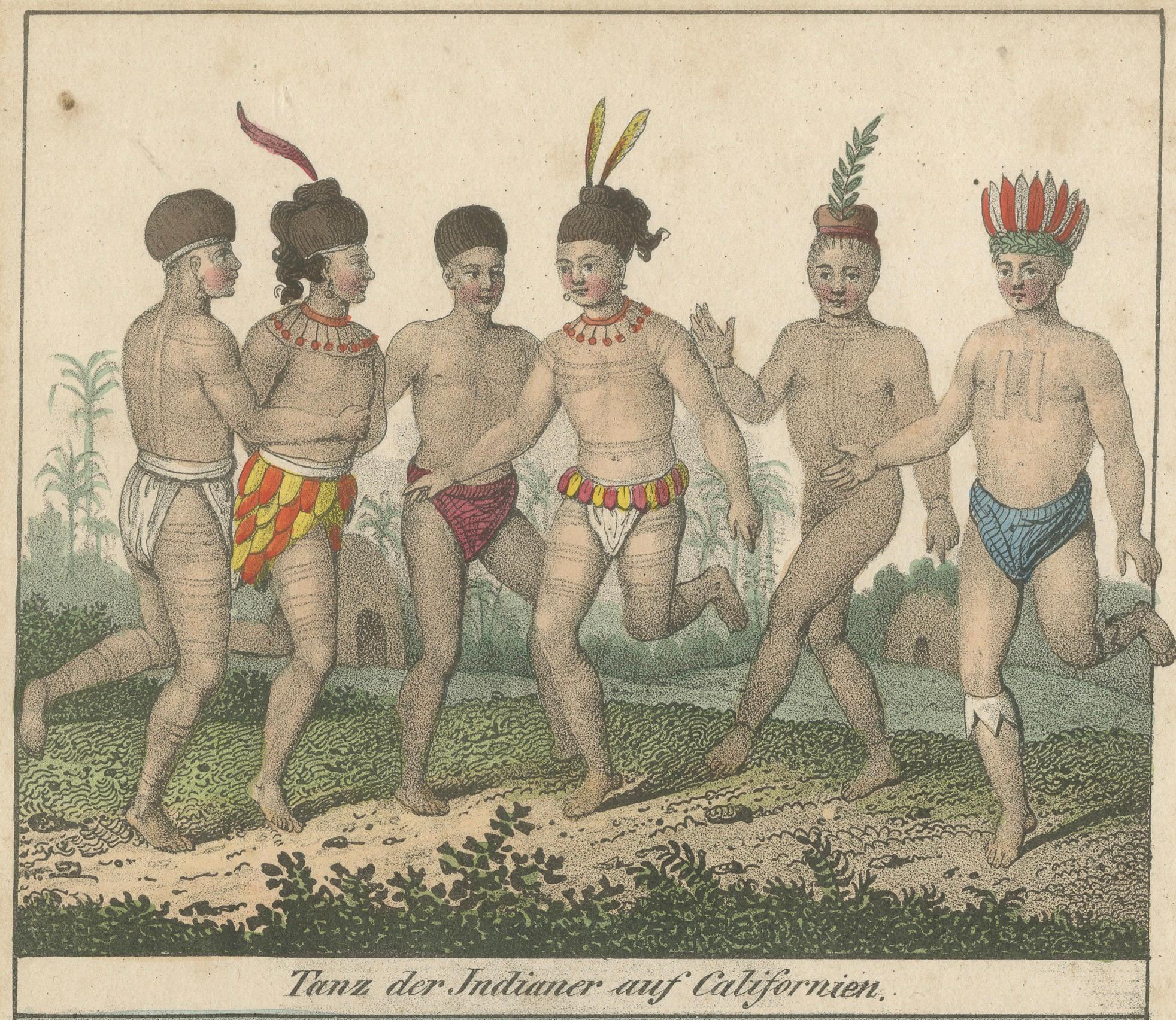 Dance of California Indians, Tower of Tlaxcallan – Hand-Colored Engraving, c1800
