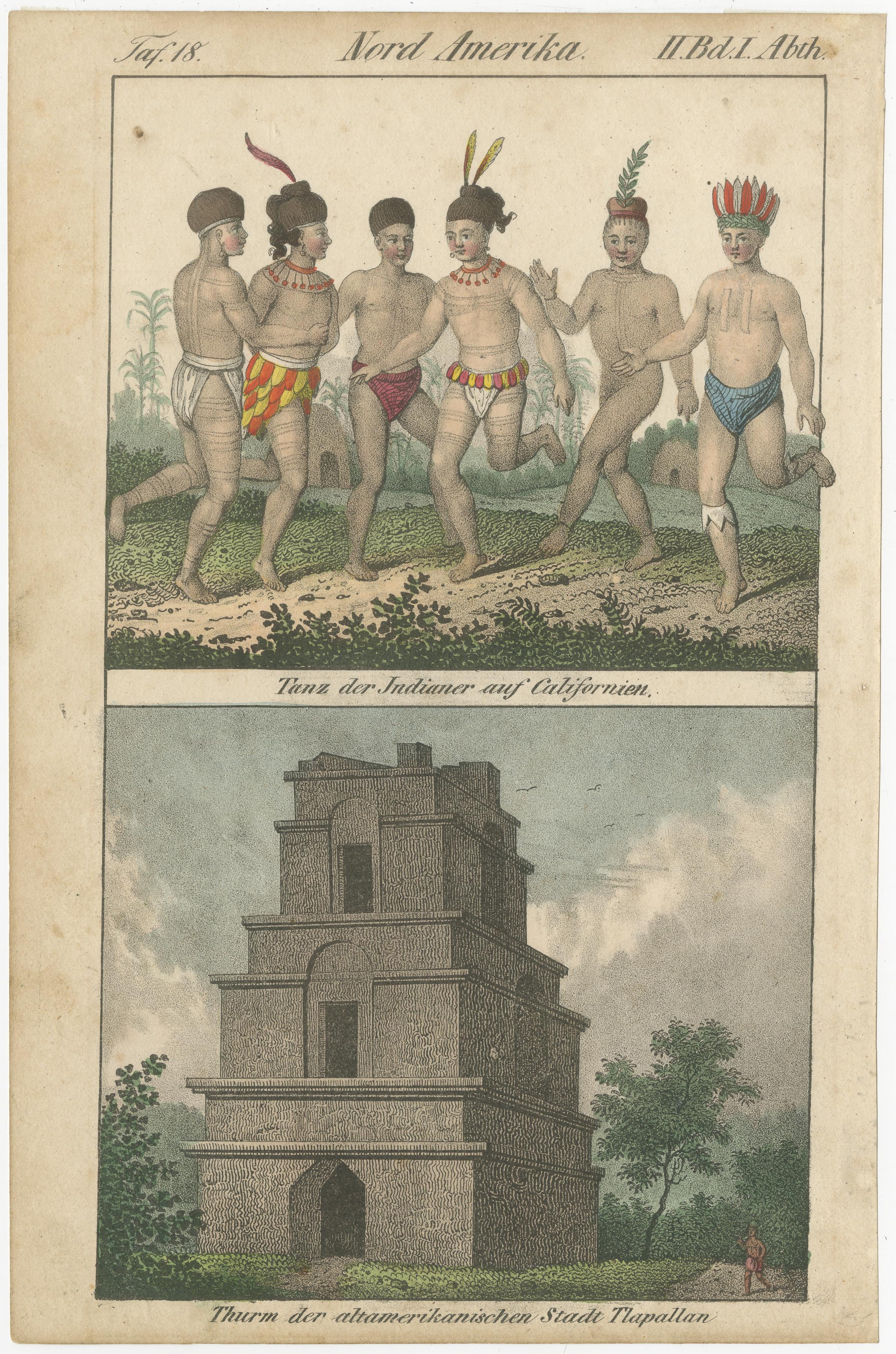Dance of California Indians, Tower of Tlaxcallan – Hand-Colored Engraving, c1800