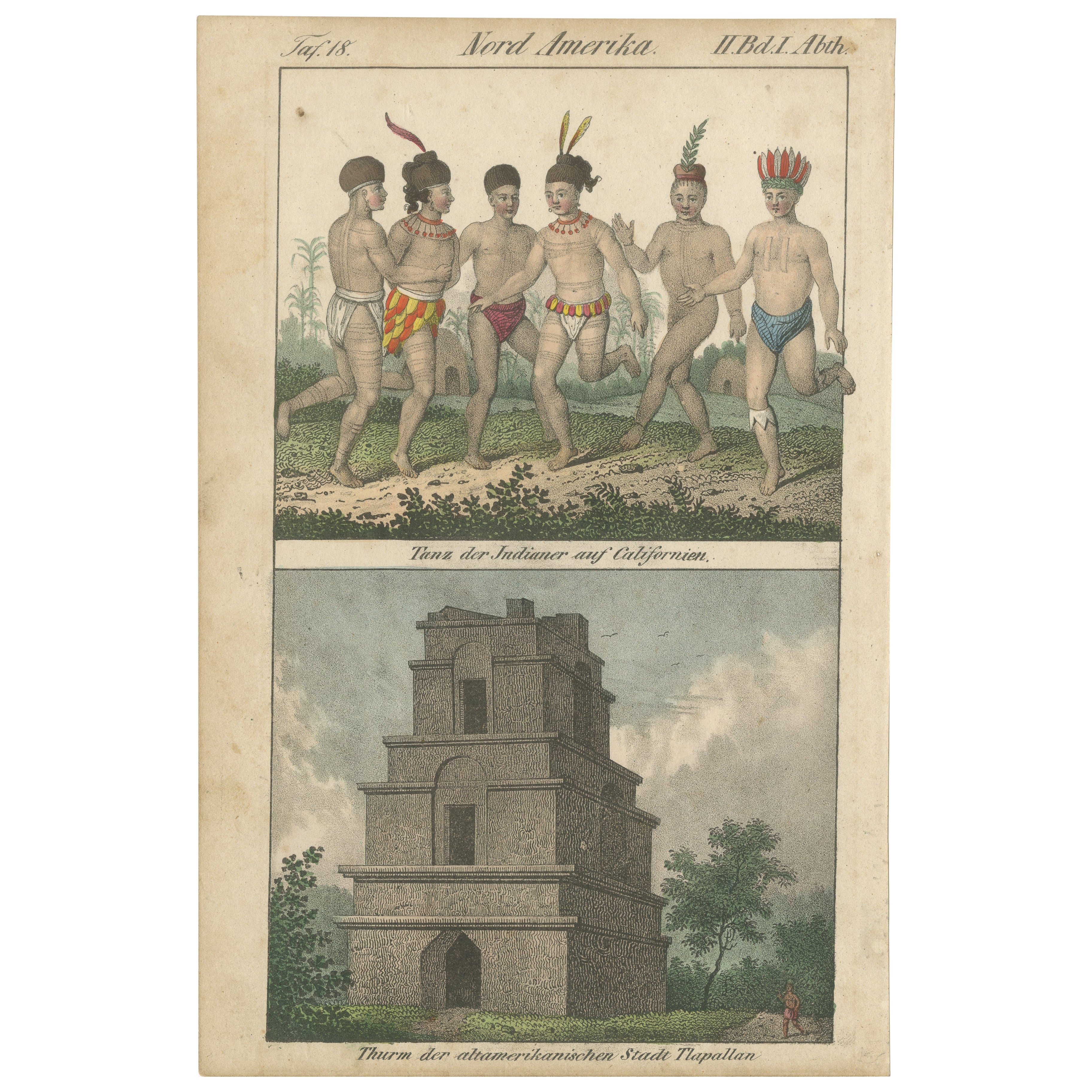 Danza degli indiani della California, Torre di Tlaxcallan - Incisione colorata a mano, 1800 ca.