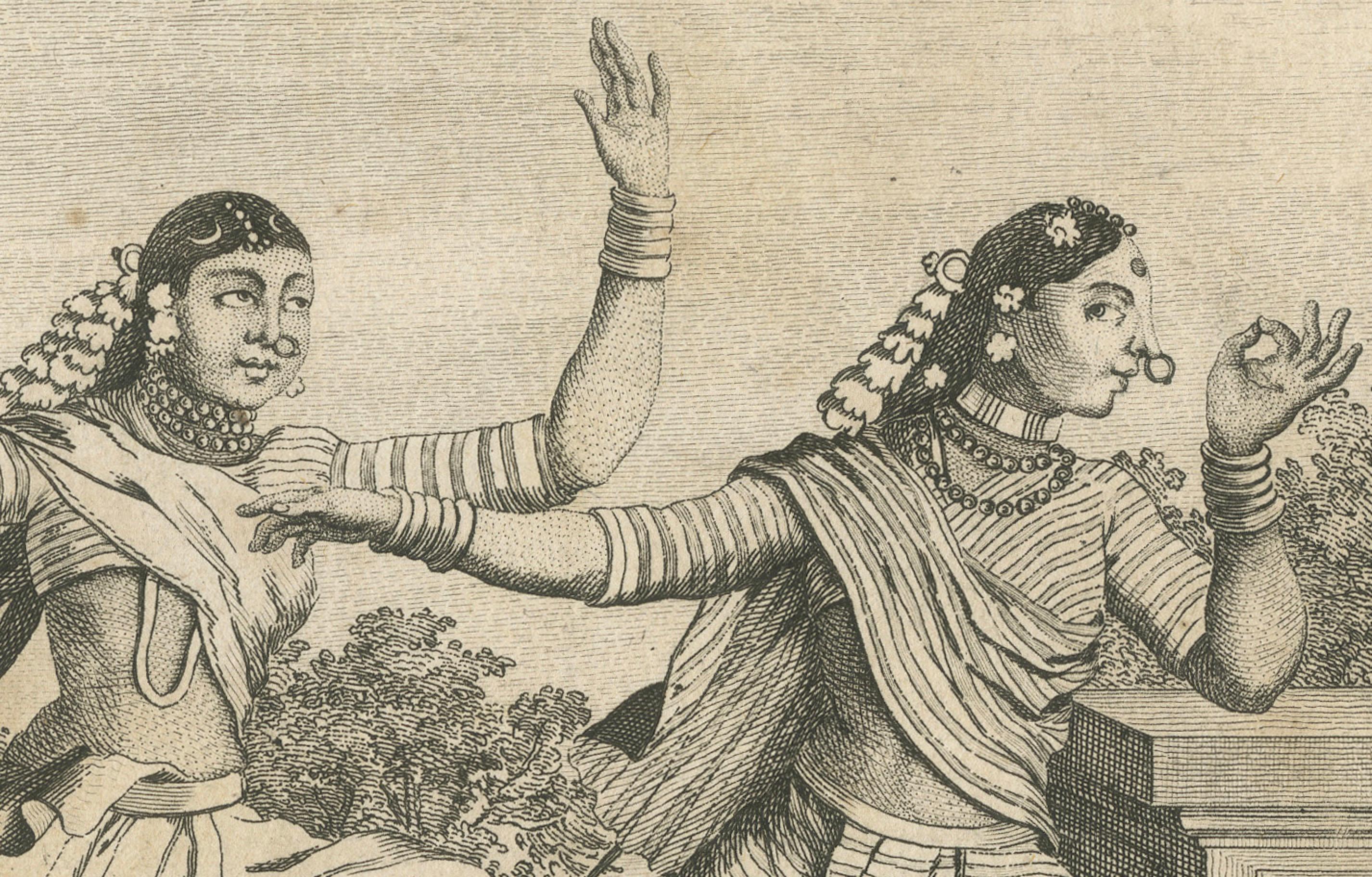 Tanz der Bayadères - Sonnerat-Stich mit indischen Tempeltänzerinnen, 1806

Dieser lebhafte Stich mit dem Titel *Danse des Bayadères* (Tanz der Bayadères) ist die Tafel Nummer 9 aus Pierre Sonnerats *Collection de Planches pour servir au Voyage aux