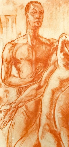 "Dance of the Three Nudes, " Art Deco-Mannerist Drawing w/ Male Figures, 1935