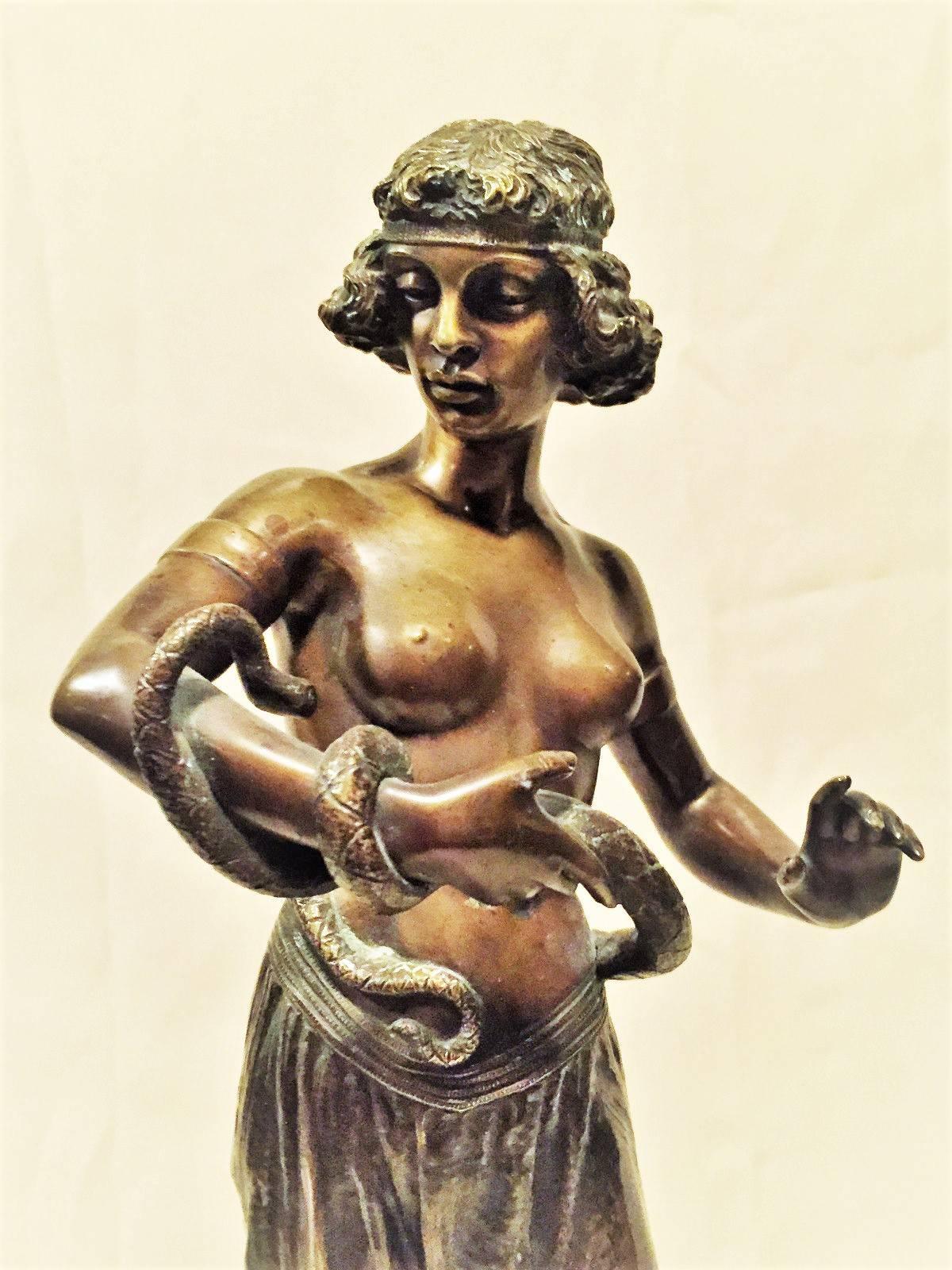 Jugendstil Dance with a Snake, Austrian Jugenstil Bronze and Marble Sculpture, circa 1900 For Sale