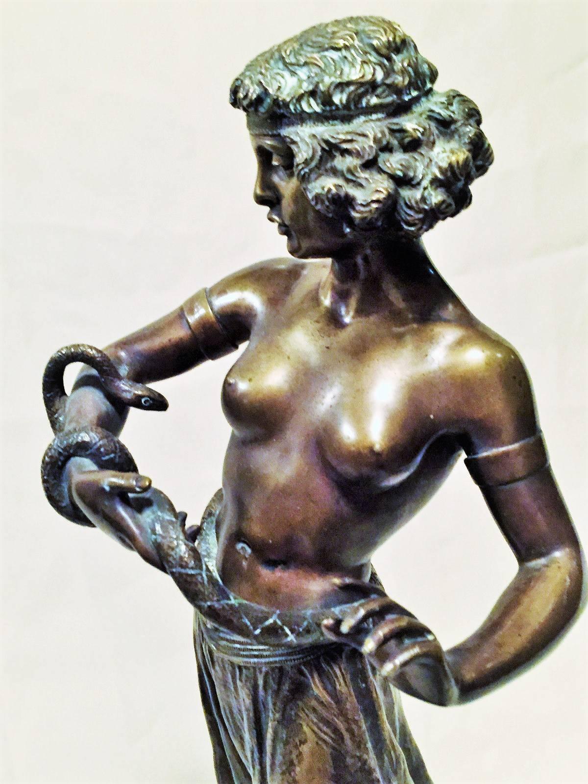 Hand-Crafted Dance with a Snake, Austrian Jugenstil Bronze and Marble Sculpture, circa 1900 For Sale