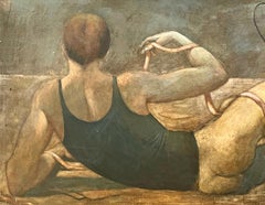 "Dancer at Rest, " Large Painting of Half-Nude Male Ballet Dancer, Mid Century