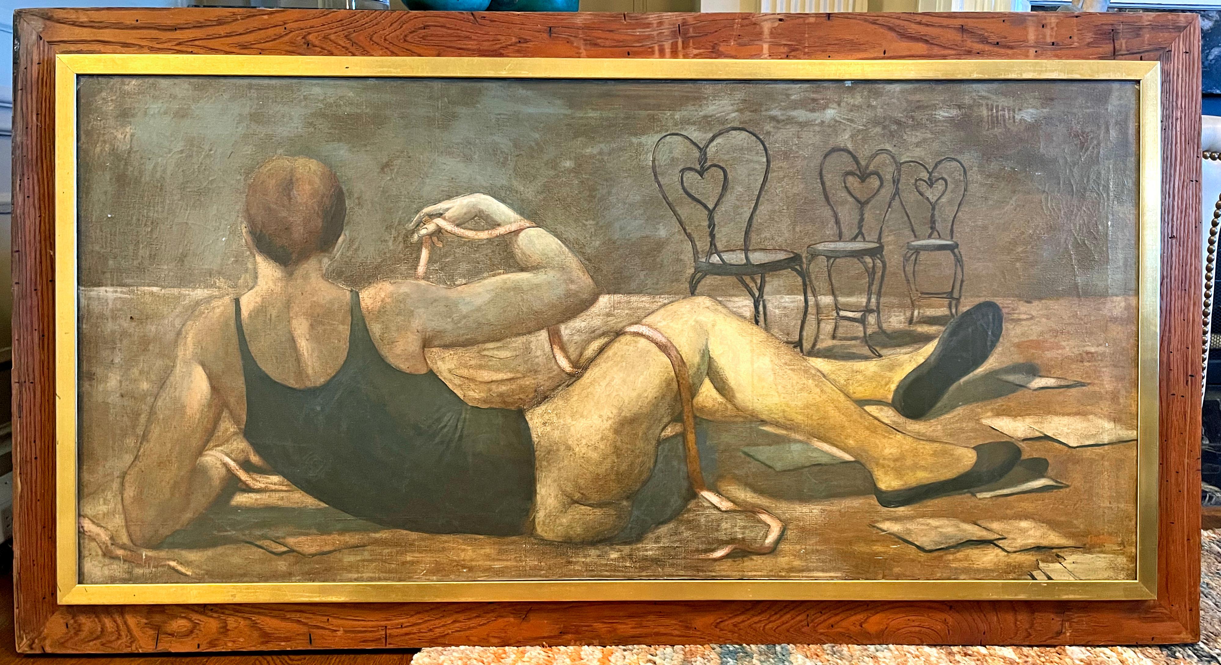 Peint « Danseuse au repos », grande peinture d'une danseuse de ballet masculine semi-nue, milieu du siècle dernier en vente