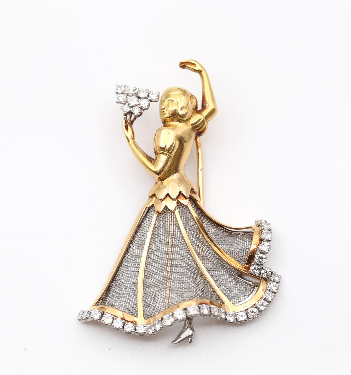 Dancer Brooch Diamonds 18K Yellow Gold Flamenco Box, 1940 For Sale 4